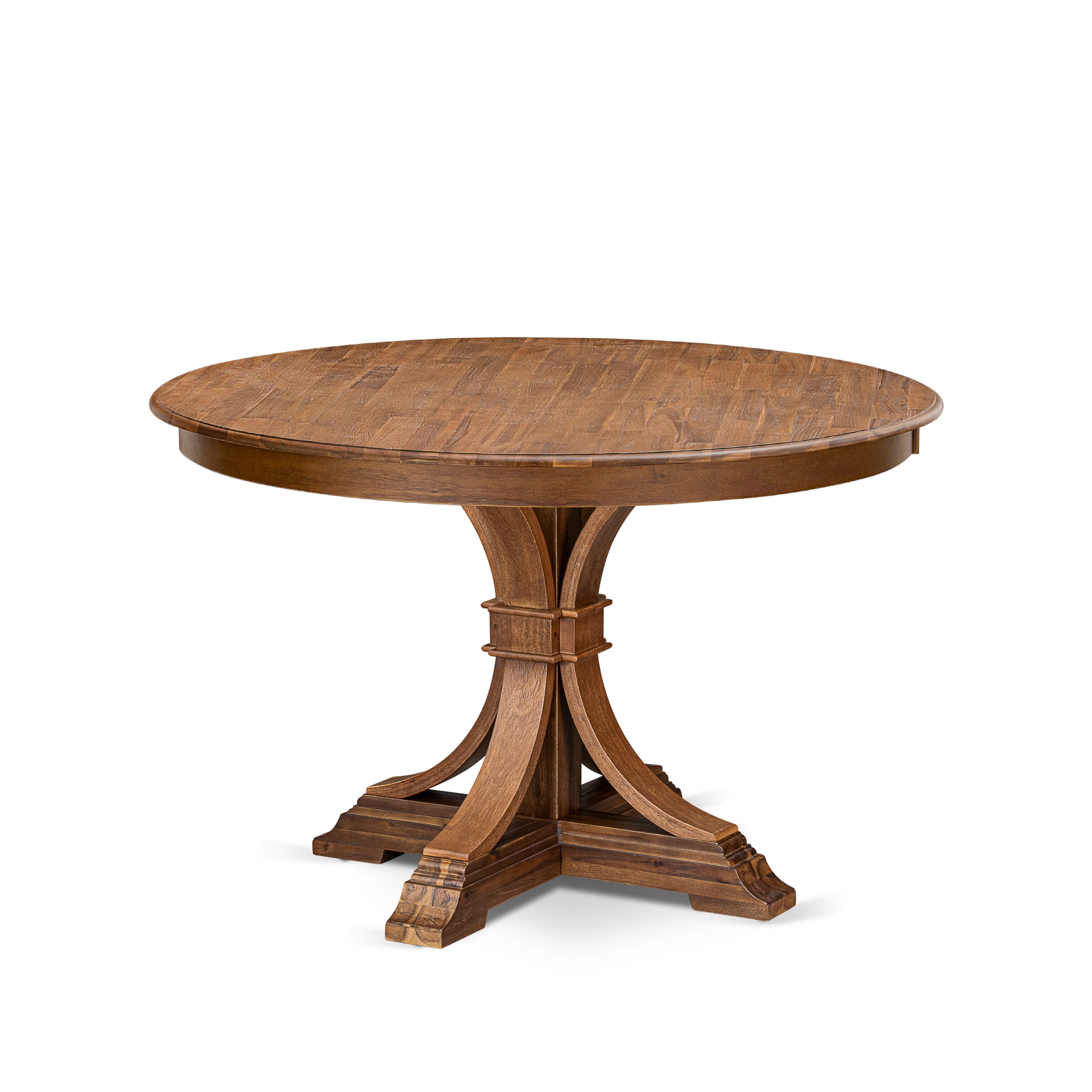 Luxe by East West Furniture F7SI7-40N-04 7-Pc Kitchen Table Set consists of a Pedestal Dining Table and 6 Light Tan Linen Fabric Chairs with Button Tufted- Antique Walnut
