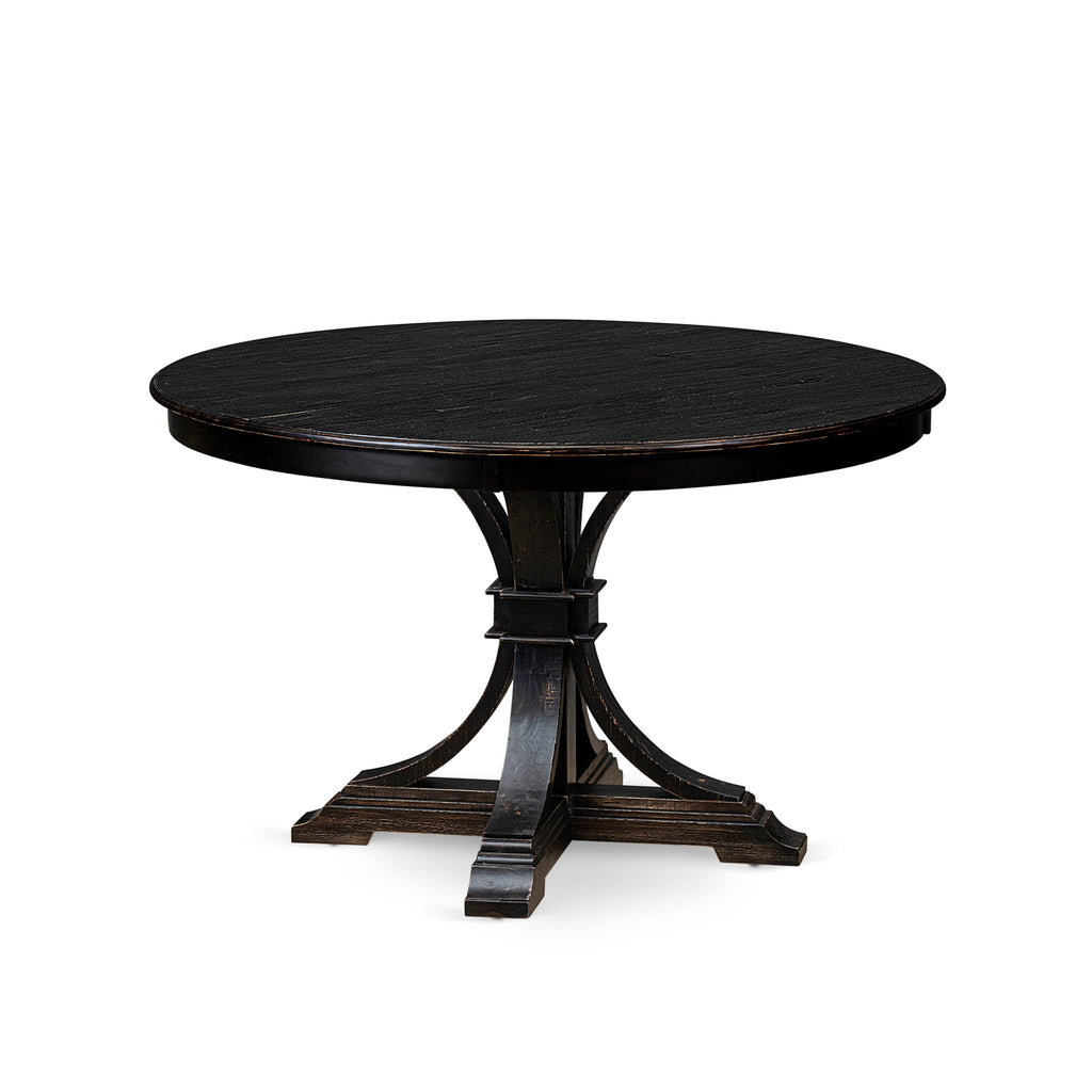 Luxe by East West Furniture F7DA5-411-13 5-piece Modern Dining Set with Faux Leather 4 Platinum Gray dining room chairs, Button-Tufted Backs, and a 48"Round Table in Sand Blasted Black Finish.