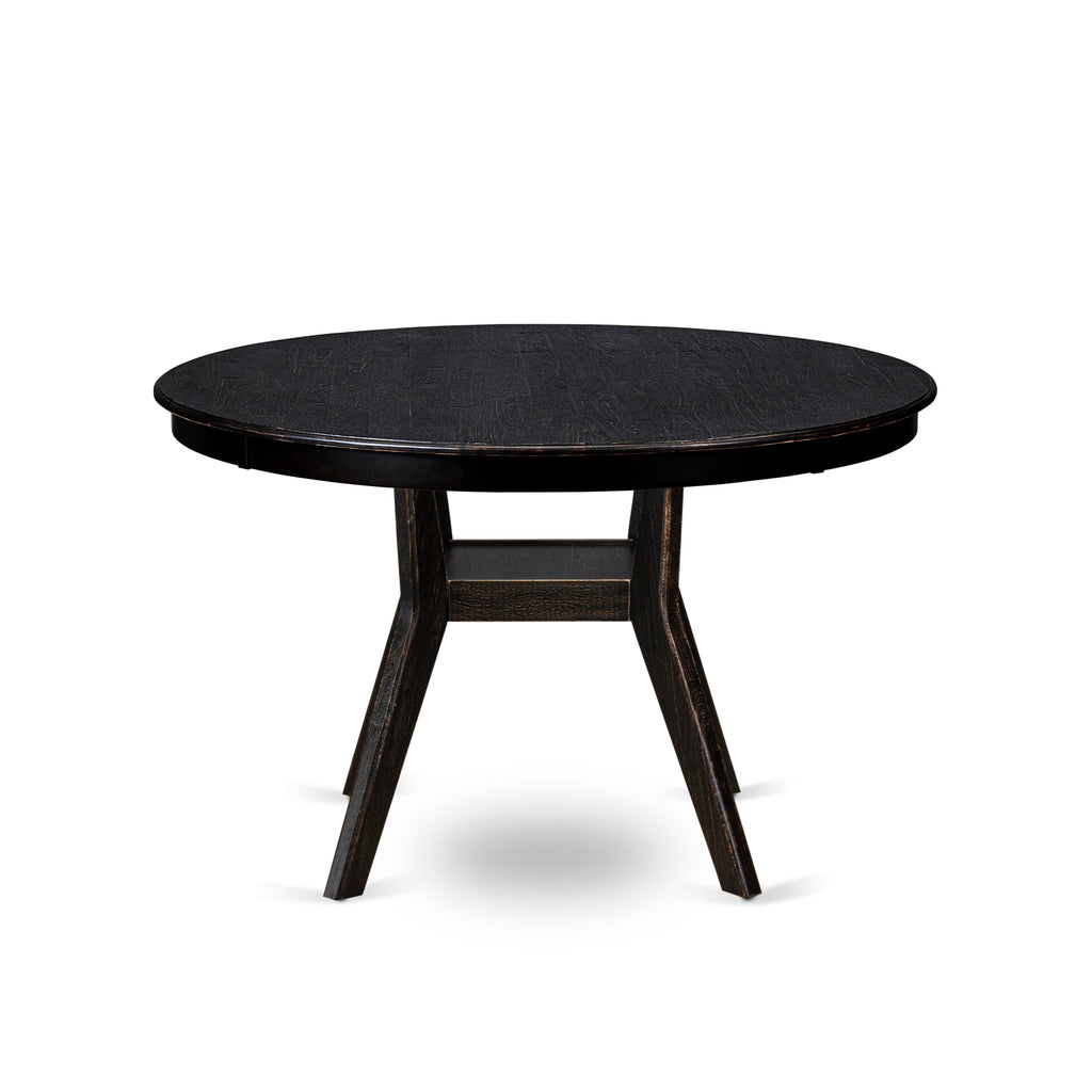 Luxe by East West Furniture F8DA5-411-13 5-piece Mid Century Kitchen Set with Faux Leather 4 Platinum Gray kitchen chairs, Button-Tufted Backs, and a 48"Round Table in Sand Blasted Black Finish.