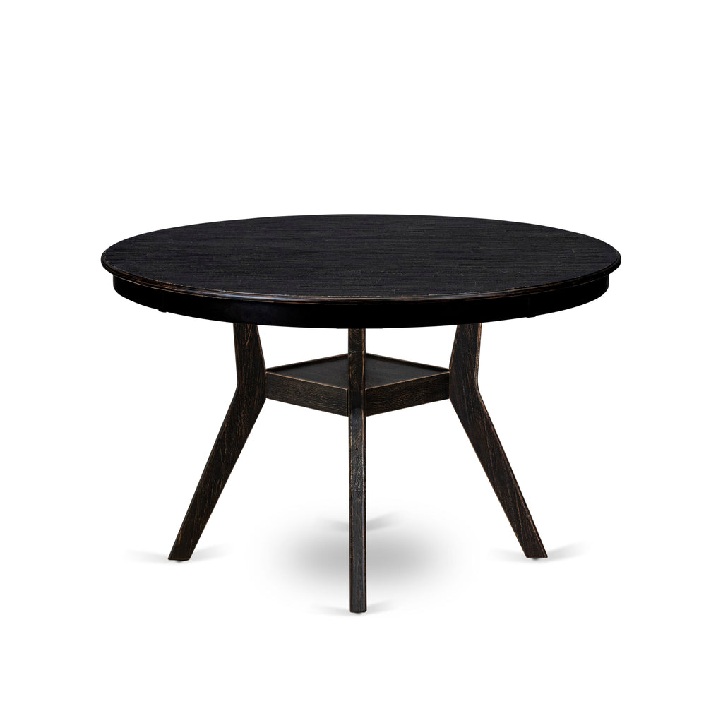 Luxe by East West Furniture F8DA5-411-13 5-piece Mid Century Kitchen Set with Faux Leather 4 Platinum Gray kitchen chairs, Button-Tufted Backs, and a 48"Round Table in Sand Blasted Black Finish.