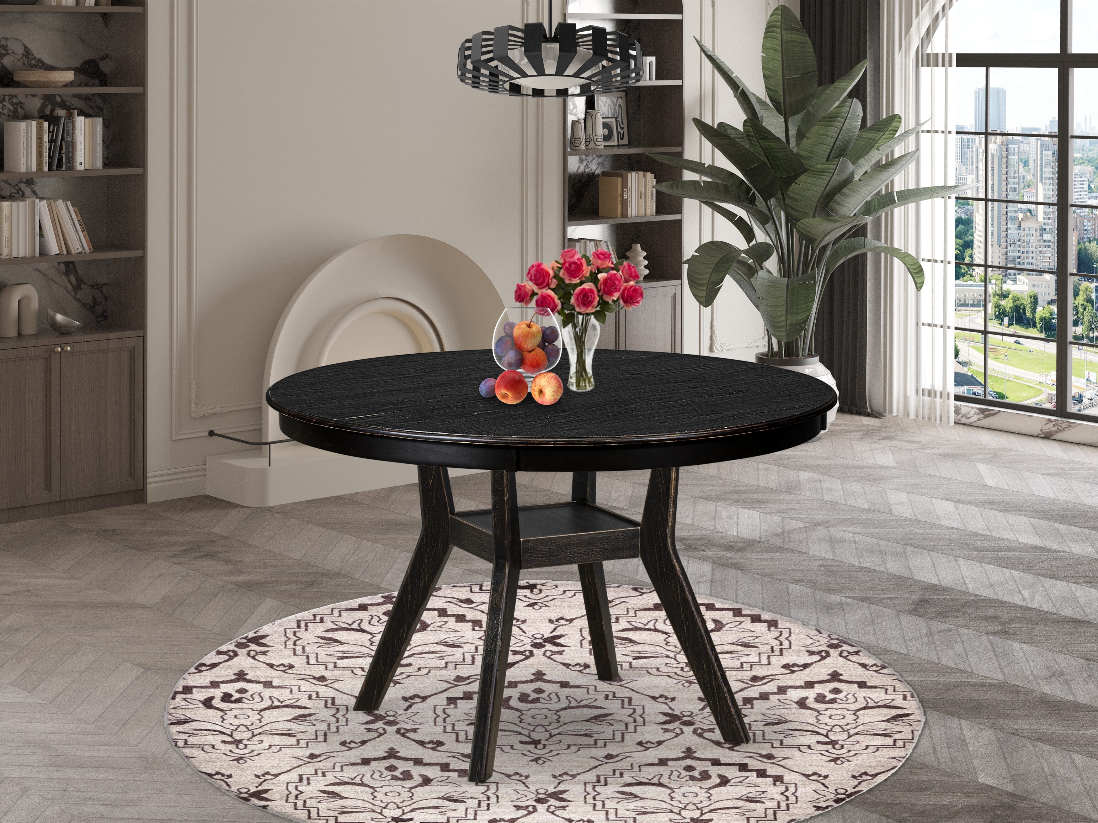 Luxe by East West Furniture F8DA5-411-29 5 Piece Dining Table Set Consists of a 48" Round Table with Pedestal and 4 Navy Blue Faux Leather Parson Chairs, Sand Blasted Black