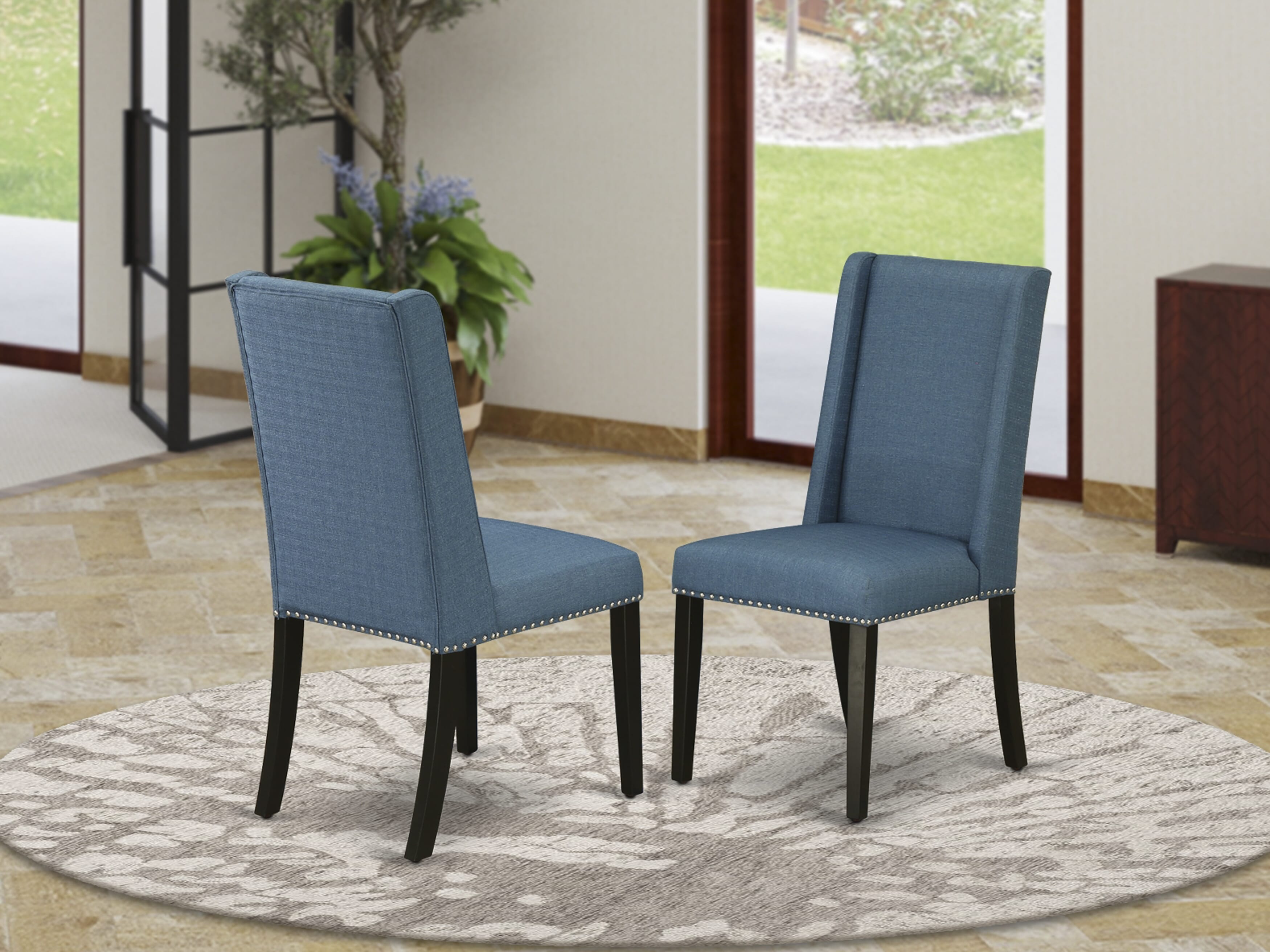 Luxe by East West Furniture LEFL9-SBB-21 - 9-piece dining table set consists of a wooden table and 8 Mineral Blue Linen Fabric upholstered chairs with Padded Chair Back - Sand Blasting Black Finish.