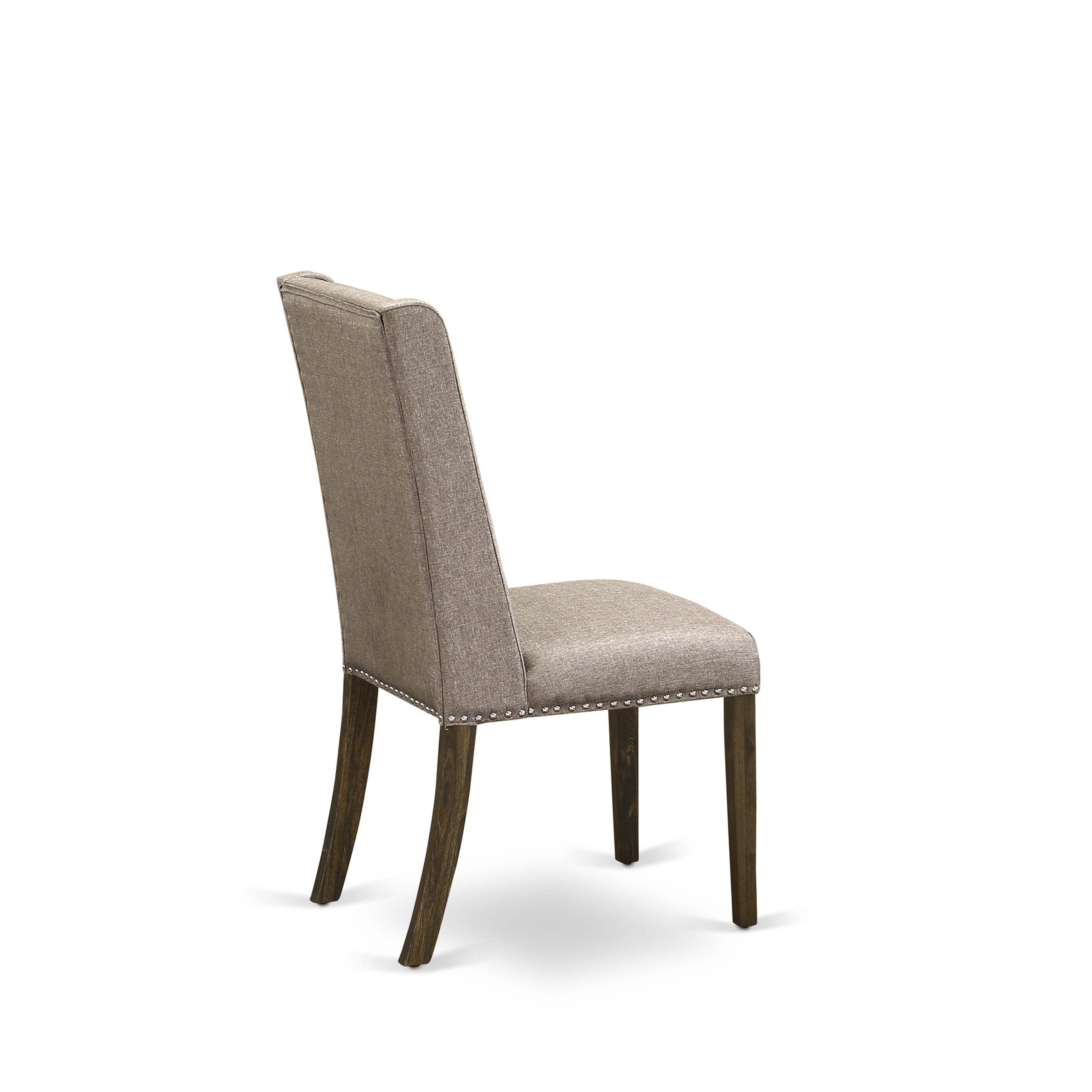 East West Furniture X727FL716-9 9-Pc Dining room Table Set a beautiful linen white Dining room Table top and 8 Wonderful Upholstered Dining chairs with Nail Heads and Curved Back, Distressed Jacobean Finish
