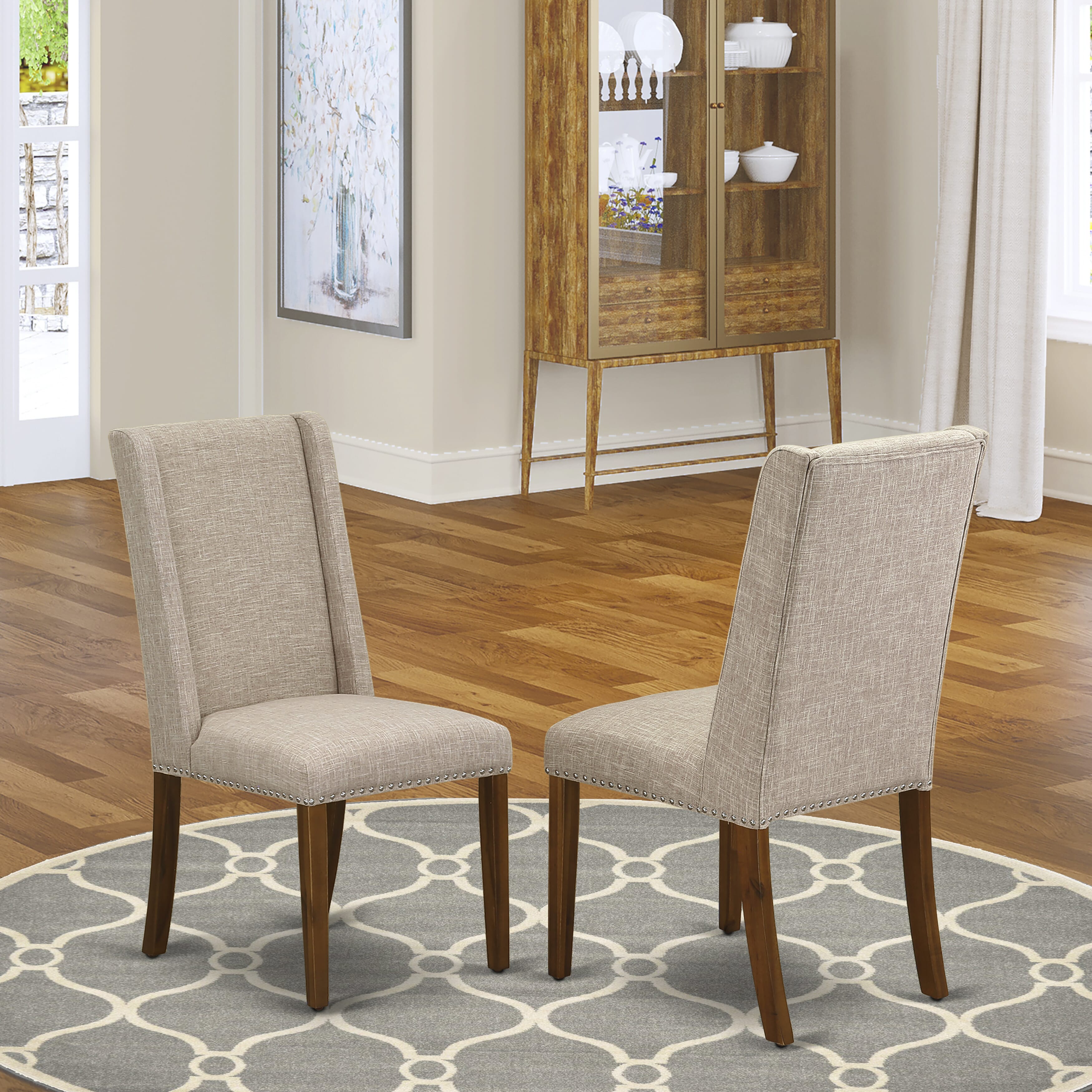 Luxe by East West Furniture F5FL5-40N-04 5-piece Kitchen Dining Table Set contains a wood table and 4 Light Tan Linen Fabric dining chair with Padded Back - Antique Walnut