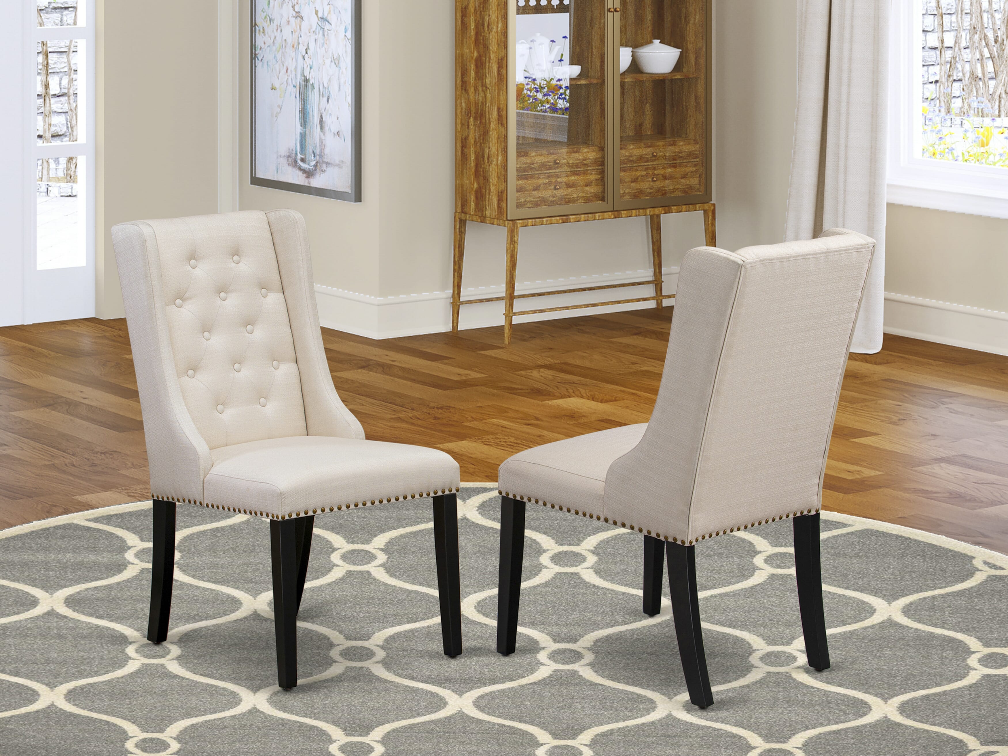 Luxe by East West Furniture NEFO5-SBB-01 - 5-piece kitchen set includes a dinner table and 4 Cream Linen Fabric dining chairs & black legs with Button Tufted Back - Sand Blasting Black finish.