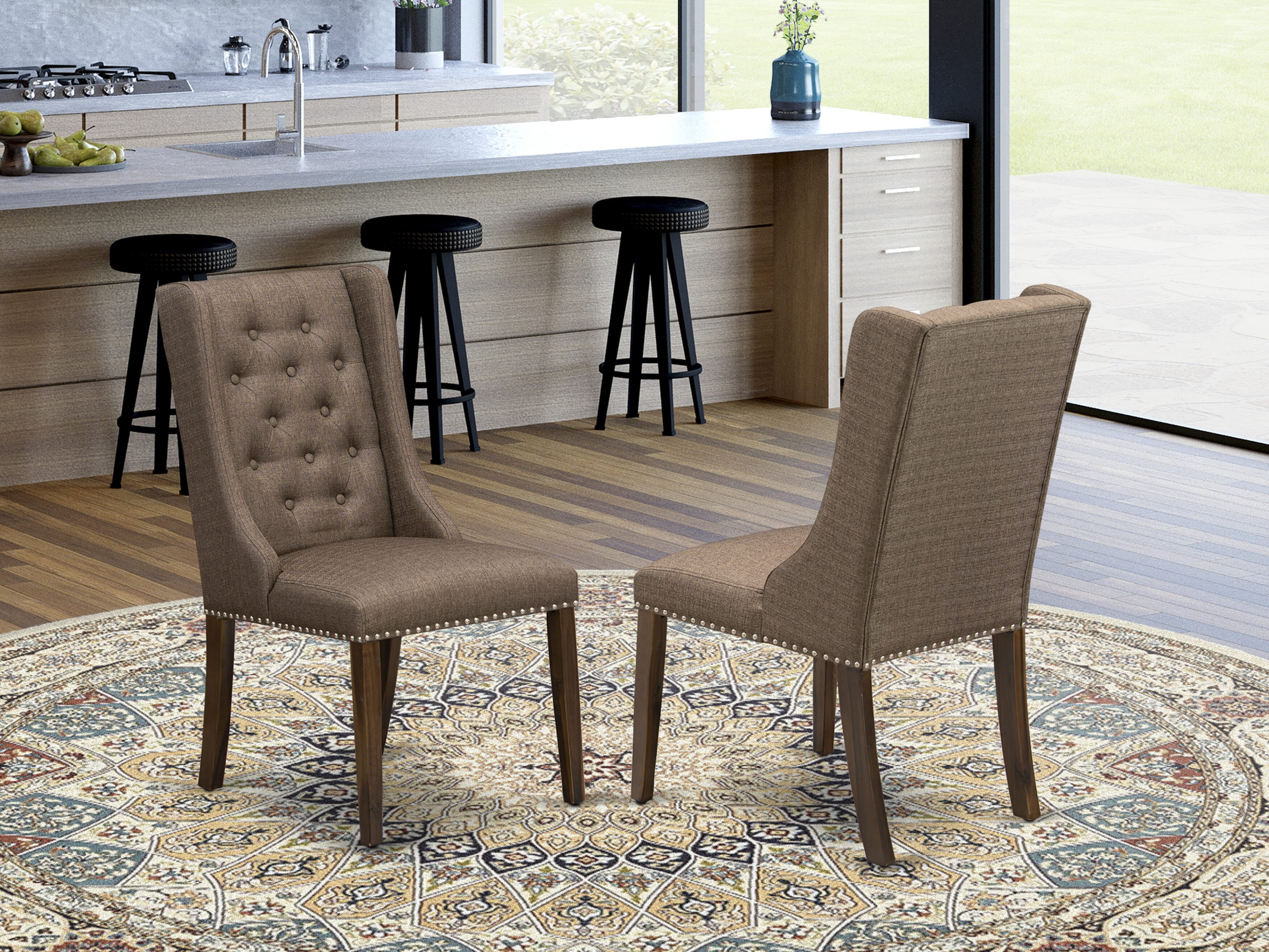 Luxe by East West Furniture - I7FO5-40N-18 - 5-Pc Kitchen Dining Table Set Consist of A Kitchen Table and 4 Brown Linen Fabric Chairs with Button Tufted Back, Antique Walnut