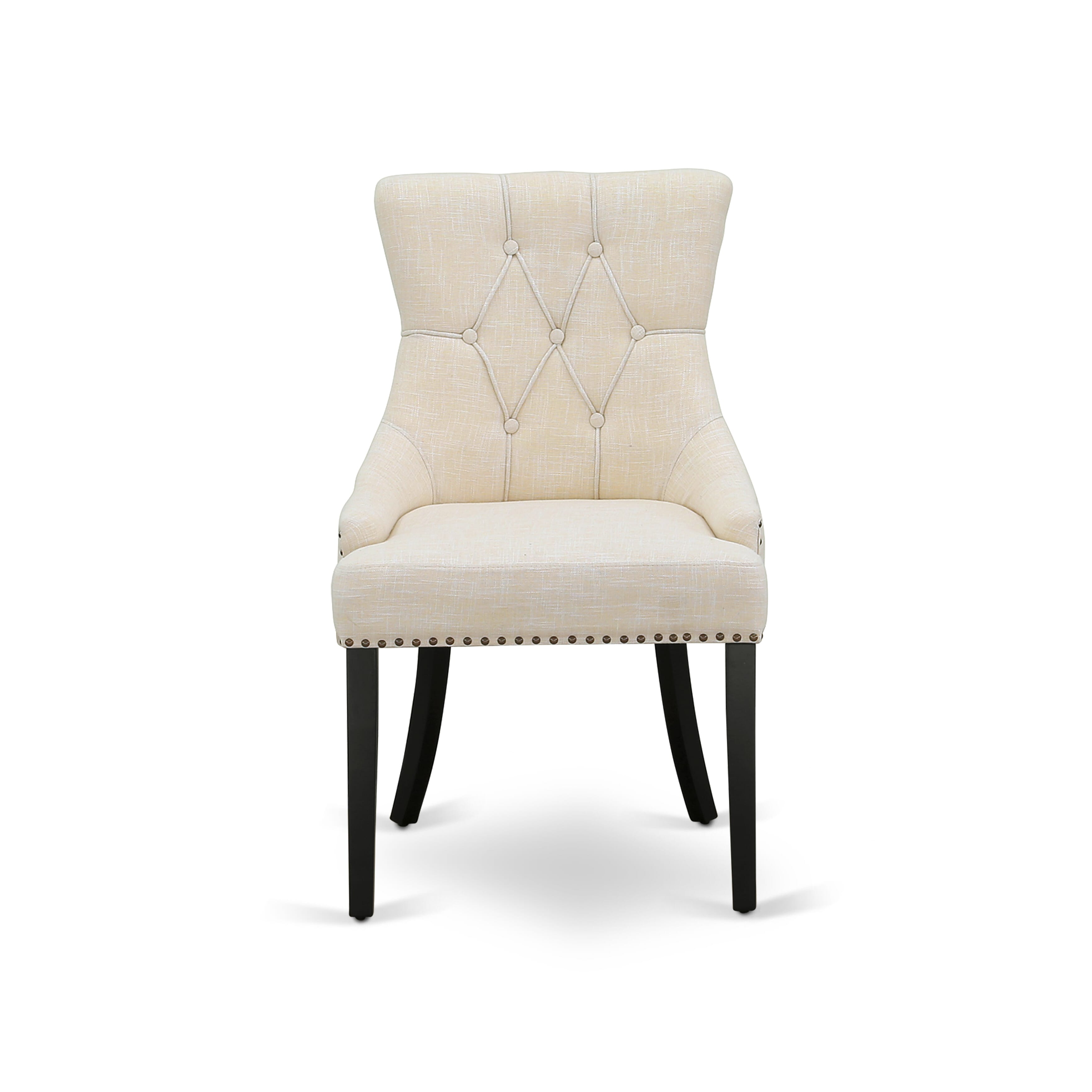 Luxe by East West Furniture 42FR3-103-02 -3 pc Mid-Century Dining Set contains a Round Table and 2 Light Beige Linen Fabric Dining Chairs with Button Tufted Back - Wire brushed Black