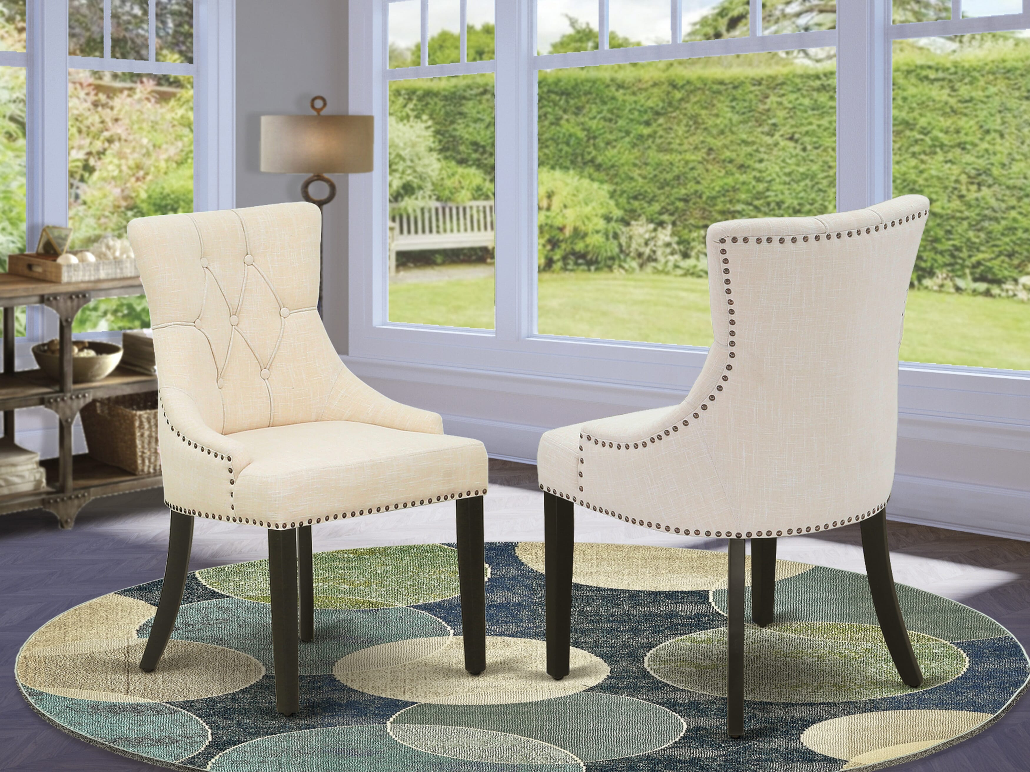 Luxe by East West Furniture 48FR3-109-02 3-piece kitchen table set Consists a pedestal table and 2 Button Tufted Parsons chairs with Light Beige Linen Fabric, Black finish.