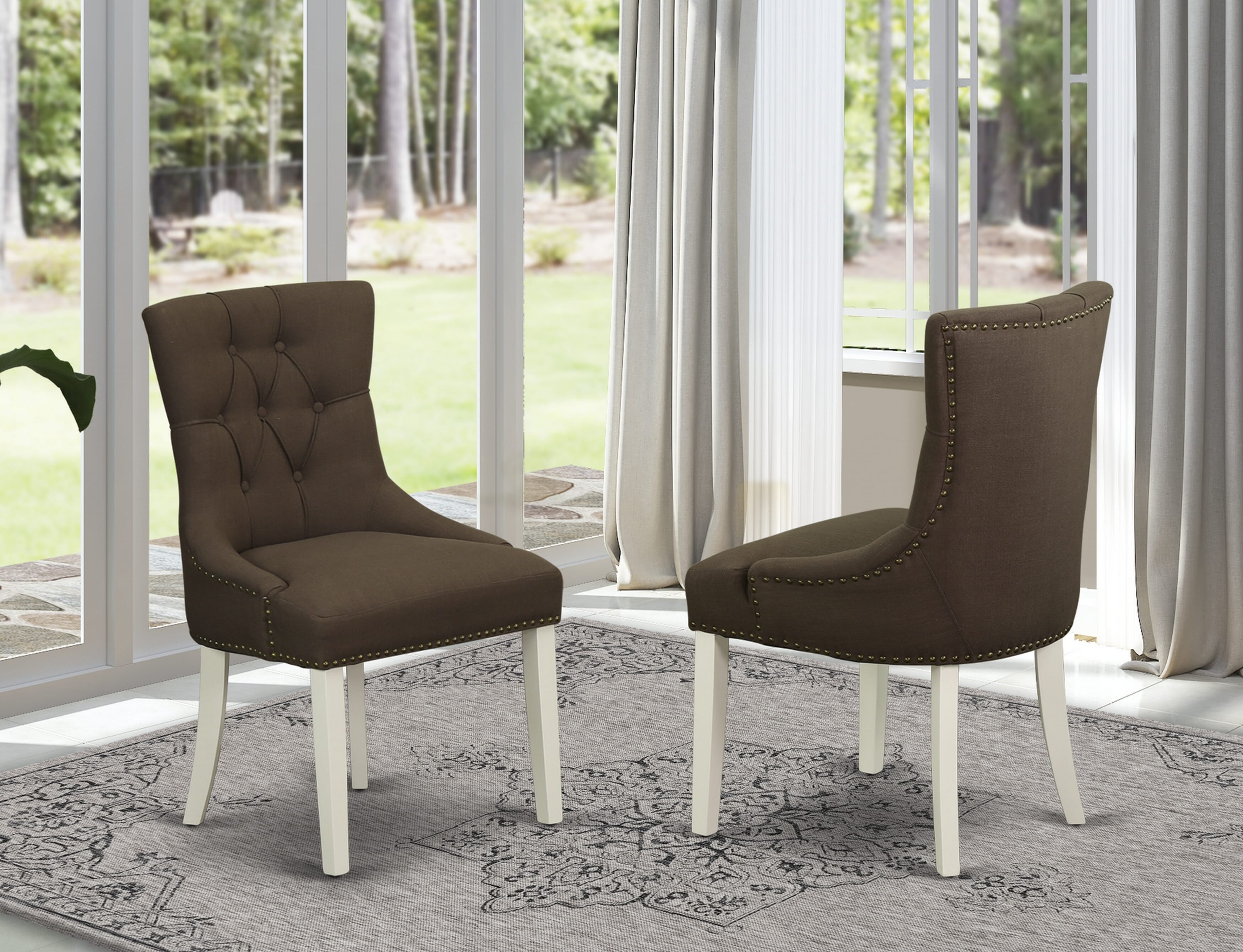 FRP2B19 Friona parson Chair with Linen White Finish Leg and Linen fabric-Chocolate Color - Set of 2