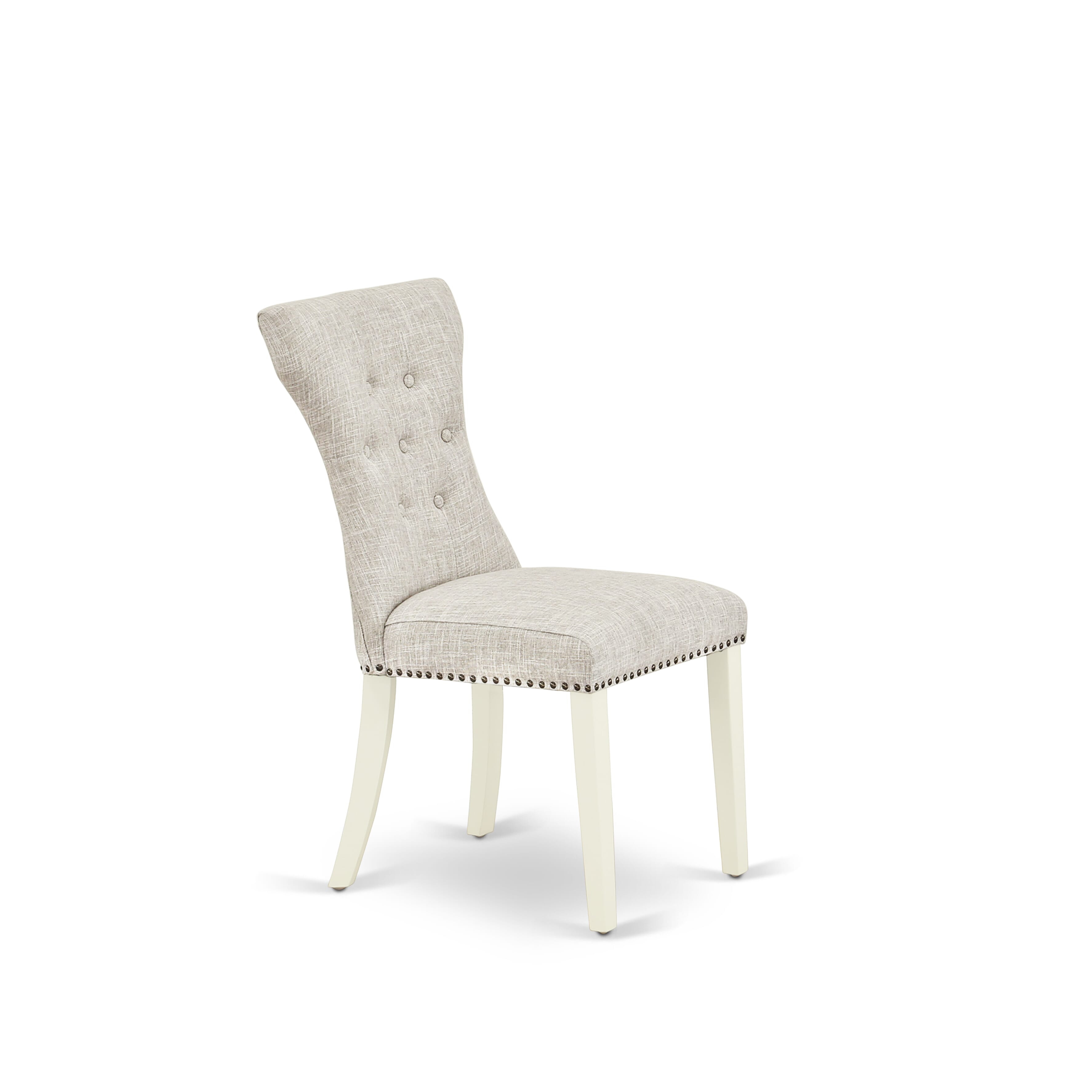 East West Furniture V026GA235-7 7-Pc dining room table set a wonderful linen white small table top and 6 Beautiful Kitchen Parson Chair with Nail heads and Button Tufted, linen white Finish