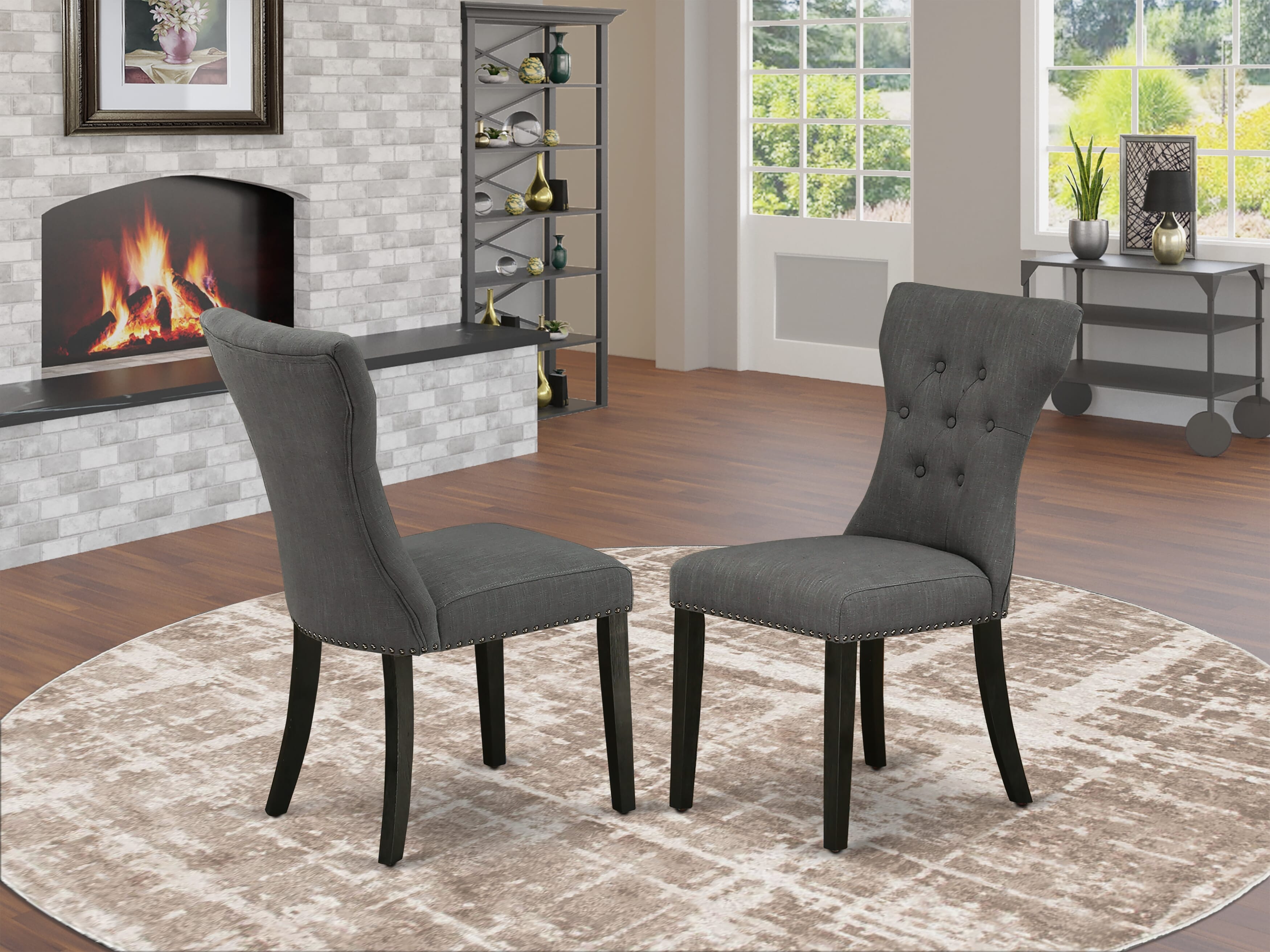 East West Furniture X676GA650-6 6-Pc Table Dining Set-Dark Gotham Grey Linen Fabric Seat and Button Tufted Chair Back Parson dining room chairs