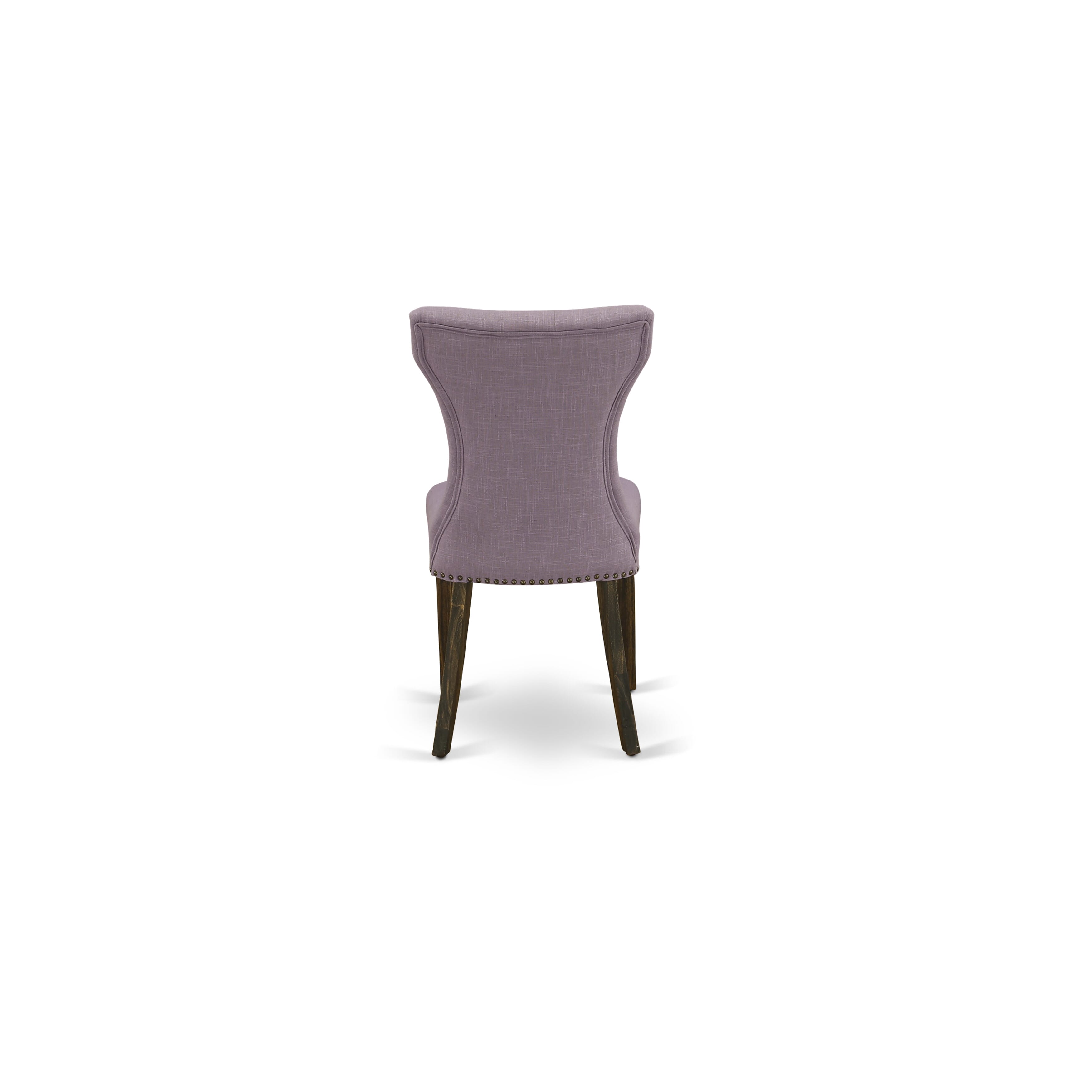 East West Furniture X727GA740-9 9-Piece Dinette Set- 8 Parson dining room chairs with Dahlia Linen Fabric Seat and Button Tufted Chair Back - Rectangular Table top & Wooden Cross Legs - linen white and Distressed Jacobean Finish