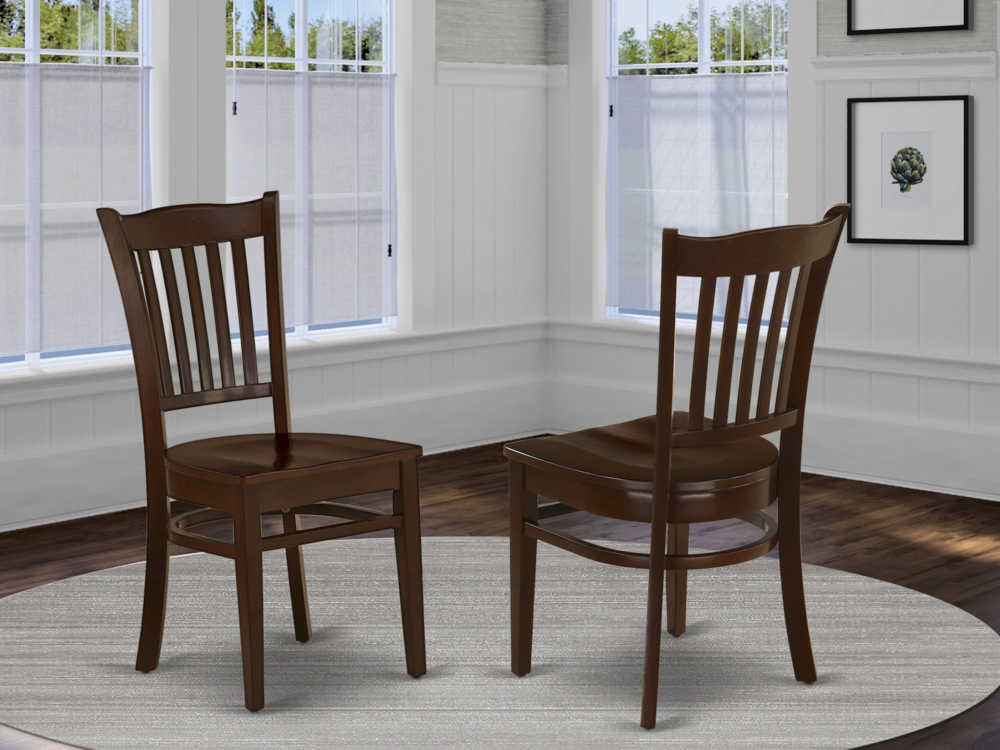Luxe by East West Furniture 42GR3-307-W 3-piece modern dining set Consists a round pedestal table and 2 Slatted Back modern chairs, Mahogany finish.