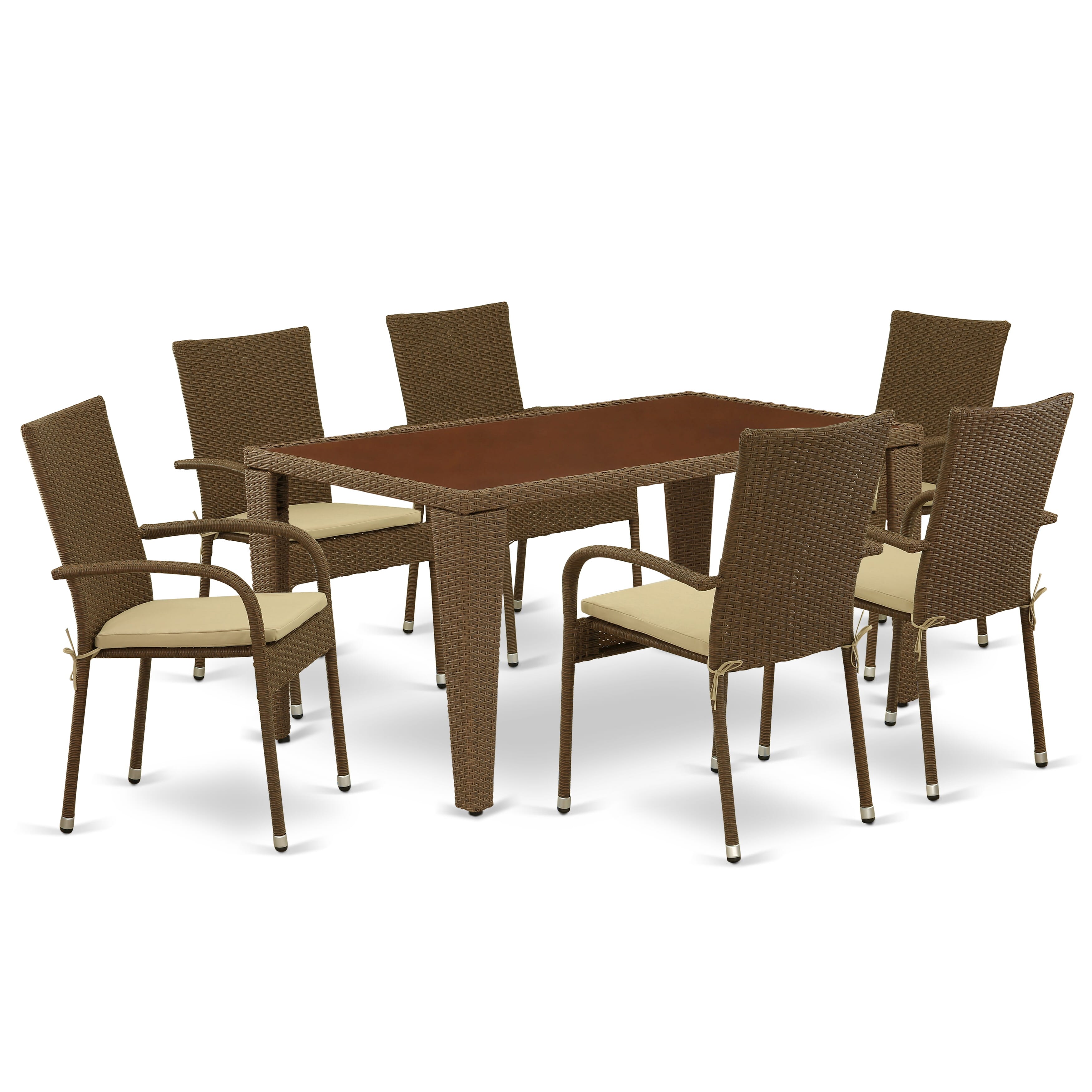 GUGU7-02A 7Pc Outdoor-Furniture Brown Wicker Dining Set Includes a Patio Table and 6 Balcony Backyard Armchair with Linen Fabric Cushion