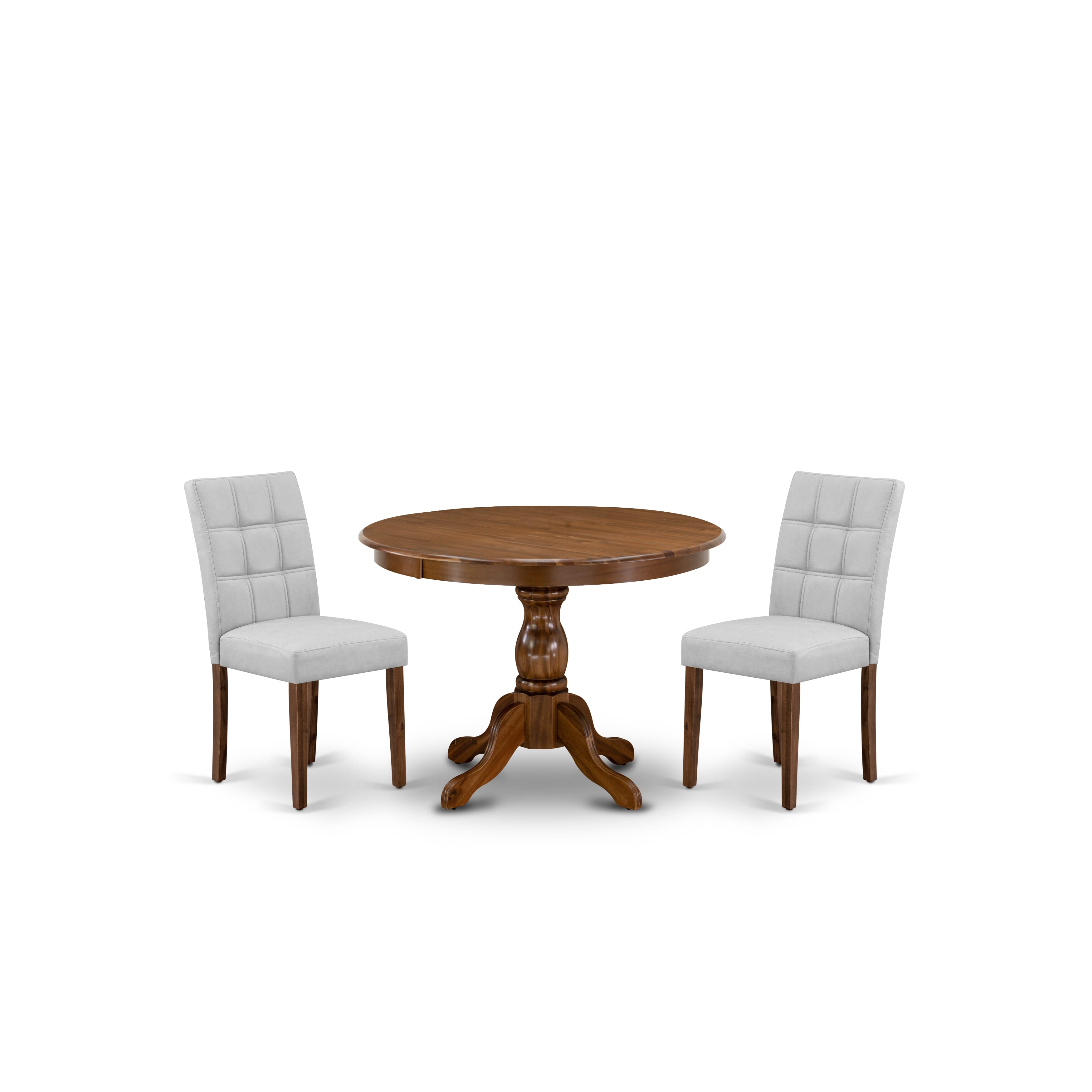 East West Furniture HBAS3-AWA-27 3 Piece Mid Century Modern Dining Table Set Includes A Wood Dining Table and 2 Light Gray Faux Leather Padded Chairs, Antique Walnut