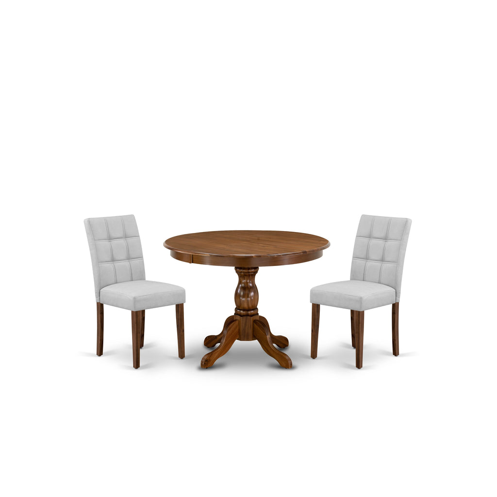 East West Furniture HBAS3-AWA-27 3 Piece Mid Century Modern Dining Table Set Includes A Wood Dining Table and 2 Light Gray Faux Leather Padded Chairs, Antique Walnut
