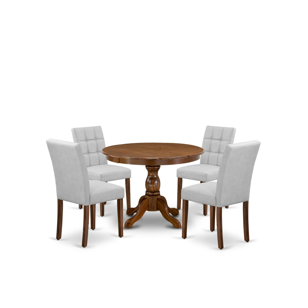 East West Furniture HBAS5-AWA-27 5 Piece Dinner Table Set contain A Mid Century Modern Dining Table and 4 Light Gray Faux Leather Upholstered Chairs, Antique Walnut