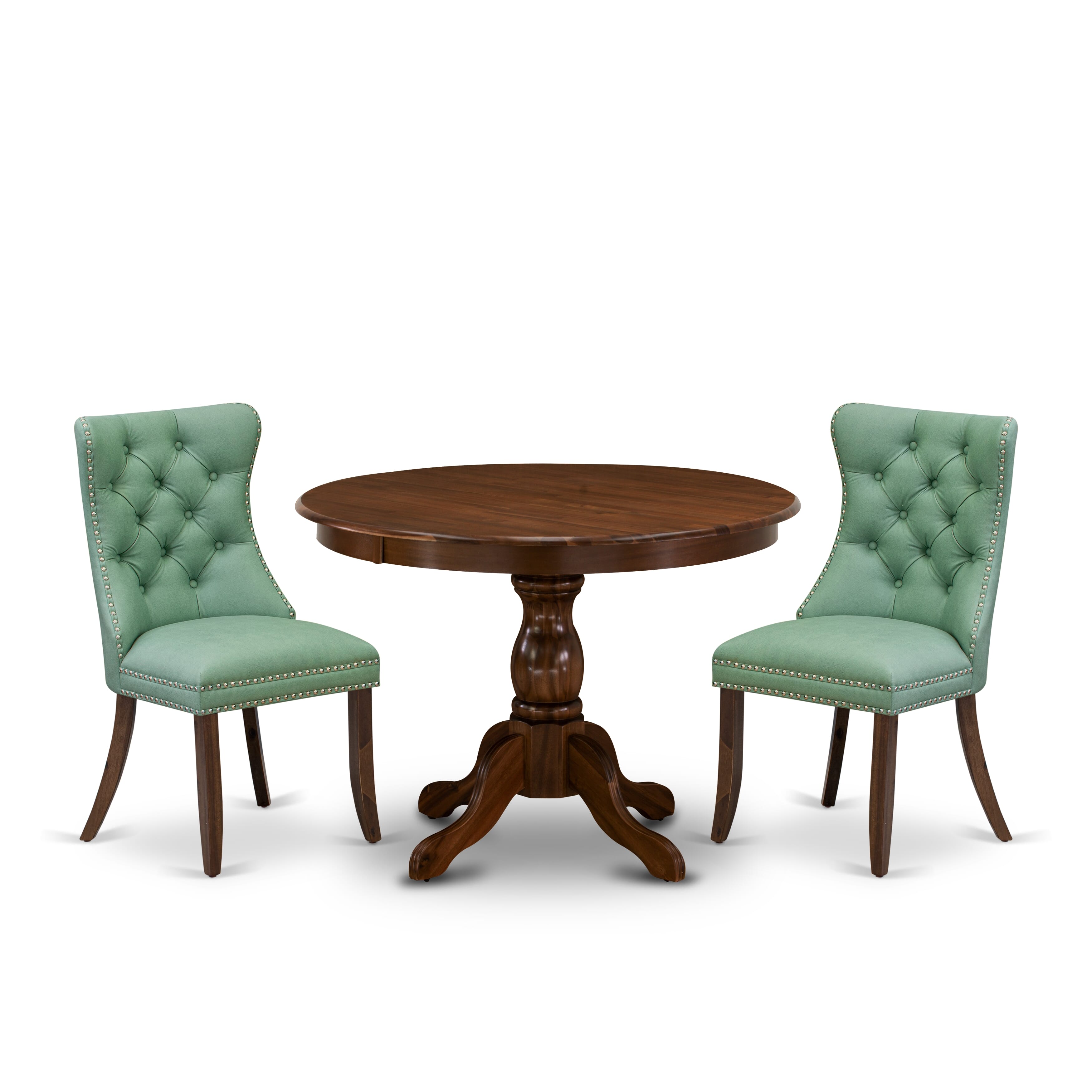 East West Furniture HBDA3-AWA-22 3 Piece Dining Set for Small SpacesIncludes a Round Kitchen Table and 2 Upholstered Parson Chairs, 42x42 Inch, Antique Walnut