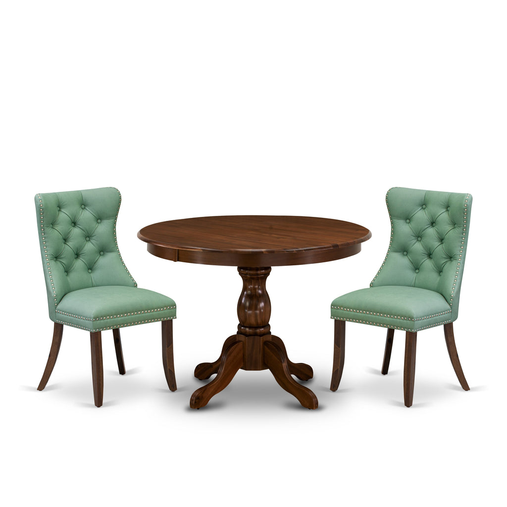 East West Furniture HBDA3-AWA-22 3 Piece Dining Set for Small SpacesIncludes a Round Kitchen Table and 2 Upholstered Parson Chairs, 42x42 Inch, Antique Walnut