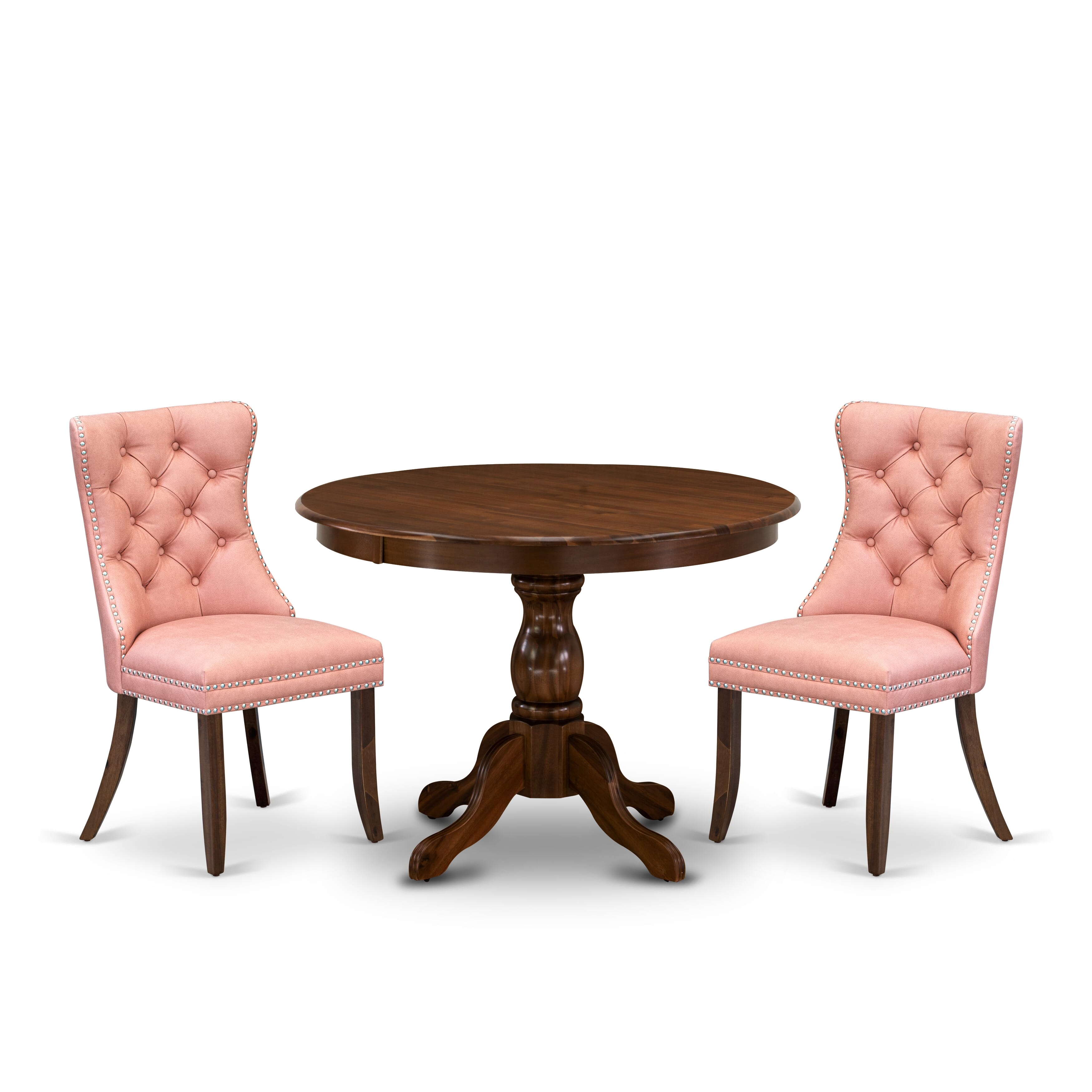 East West Furniture HBDA3-AWA-23 3 Piece Kitchen Table Set Contains a Round Dining Table and 2 Upholstered Parson Chairs, 42x42 Inch, Antique Walnut