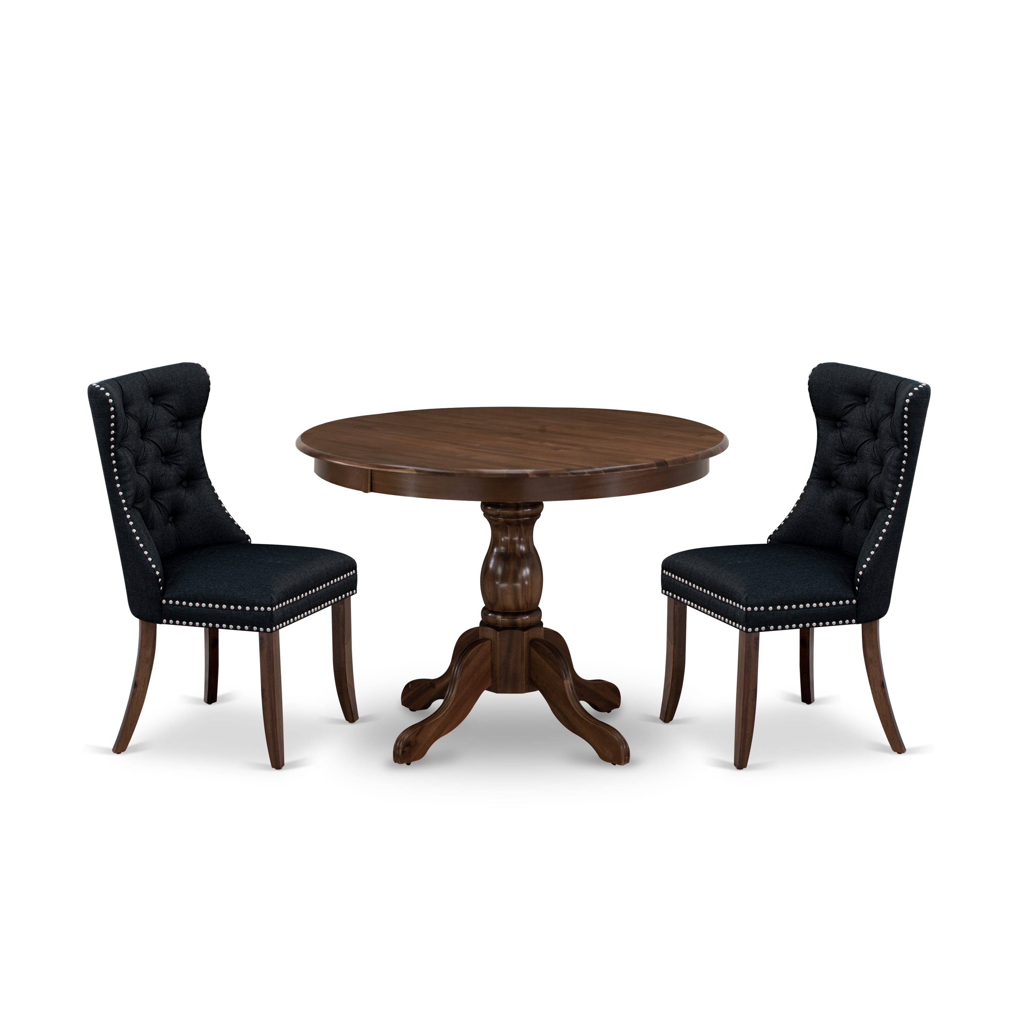 East West Furniture HBDA3-AWA-24 3 Piece Kitchen Table & Chairs Set Consists of a Round Modern Dining Table and 2 Padded Chairs, 42x42 Inch, Antique Walnut