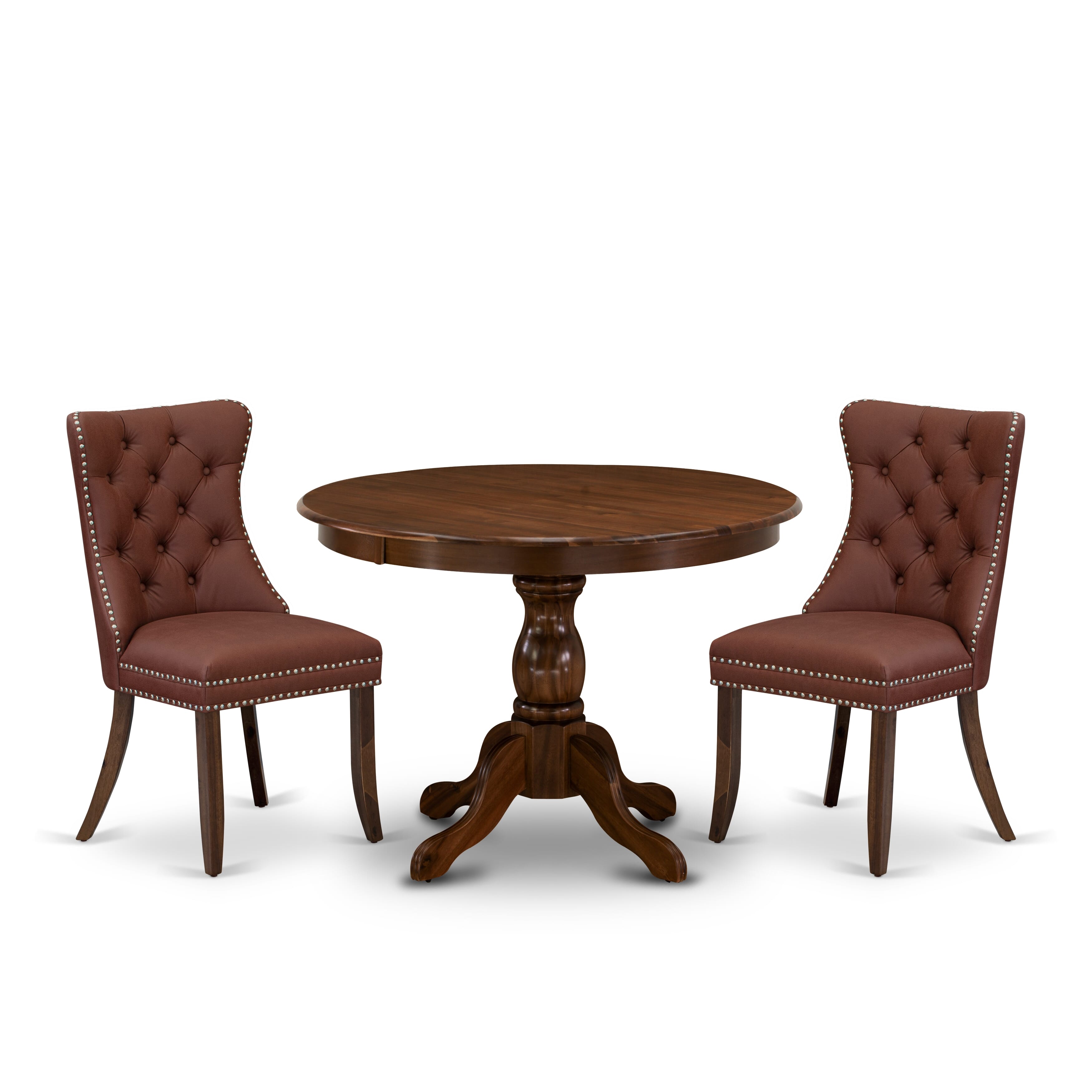 East West Furniture HBDA3-AWA-26 3 Piece Kitchen Table & Chairs Set Includes a Round Dining Room Table and 2 Upholstered Parson Chairs, 42x42 Inch, Antique Walnut