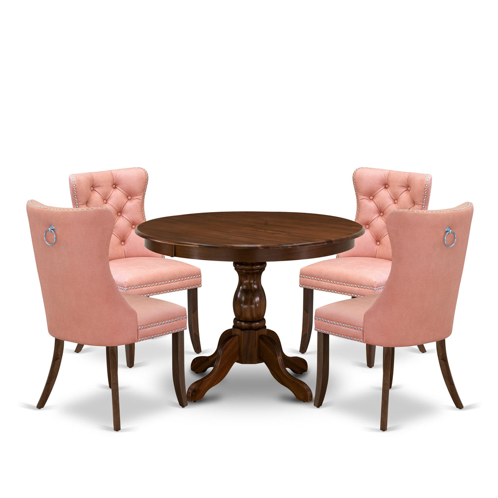 East West Furniture HBDA5-AWA-23 5 Piece Dining Room Furniture Set Consists of a Round Solid Wood Table and 4 Upholstered Parson Chairs, 42x42 Inch, Antique Walnut