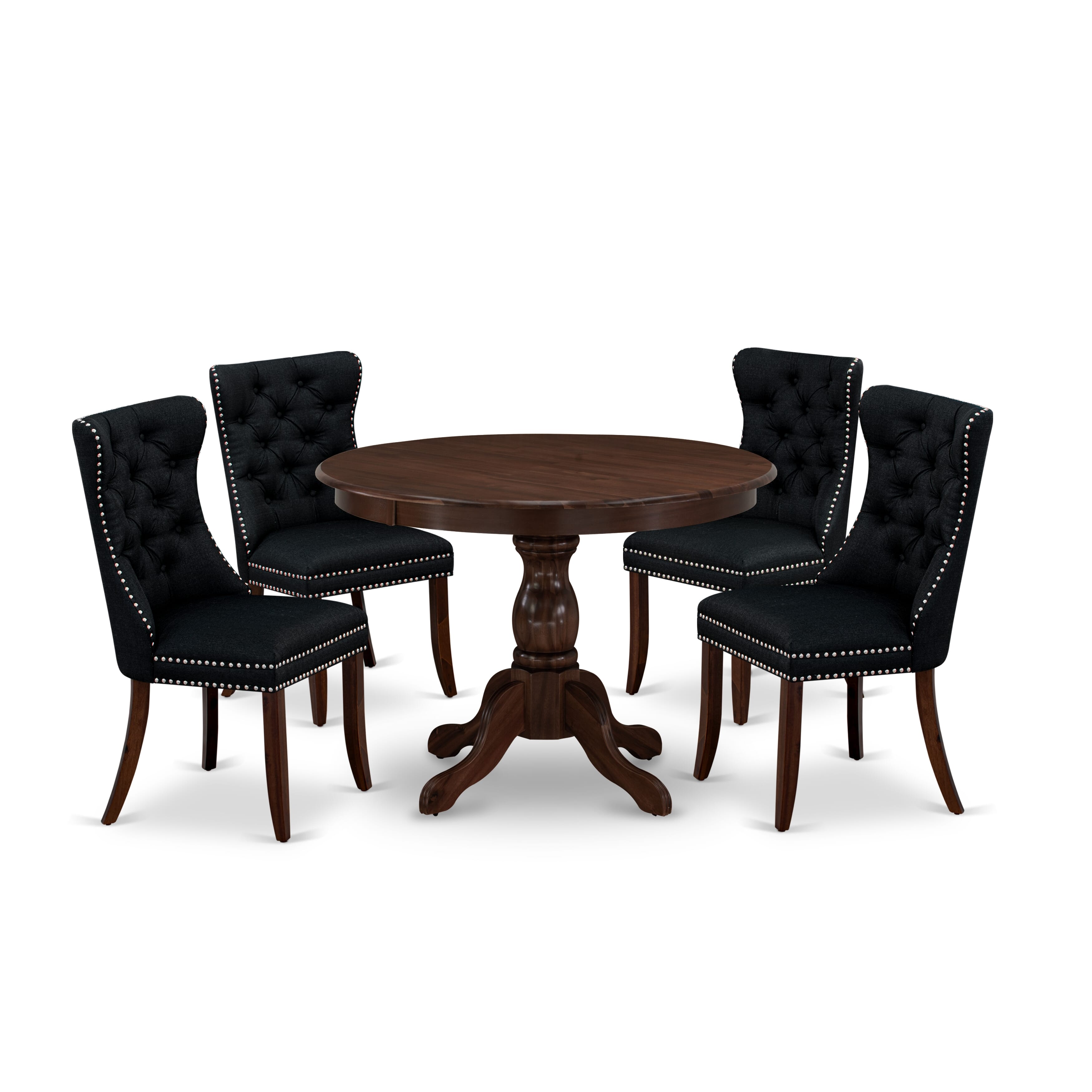 East West Furniture HBDA5-AWA-24 5 Piece Dining Set for Small SpacesIncludes a Round Kitchen Table and 4 Upholstered Parson Chairs, 42x42 Inch, Antique Walnut