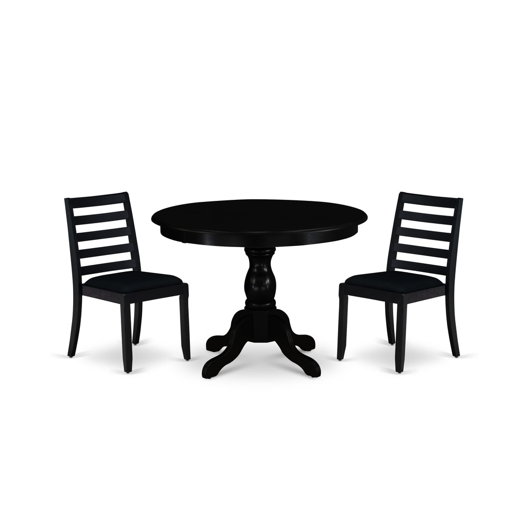 East West Furniture HBX13-ABK-24 -3 Piece Dining Set Includes a Round Kitchen Table with Wire Brushed Black Tabletop & 2 Stackable Linen Fabric Chairs