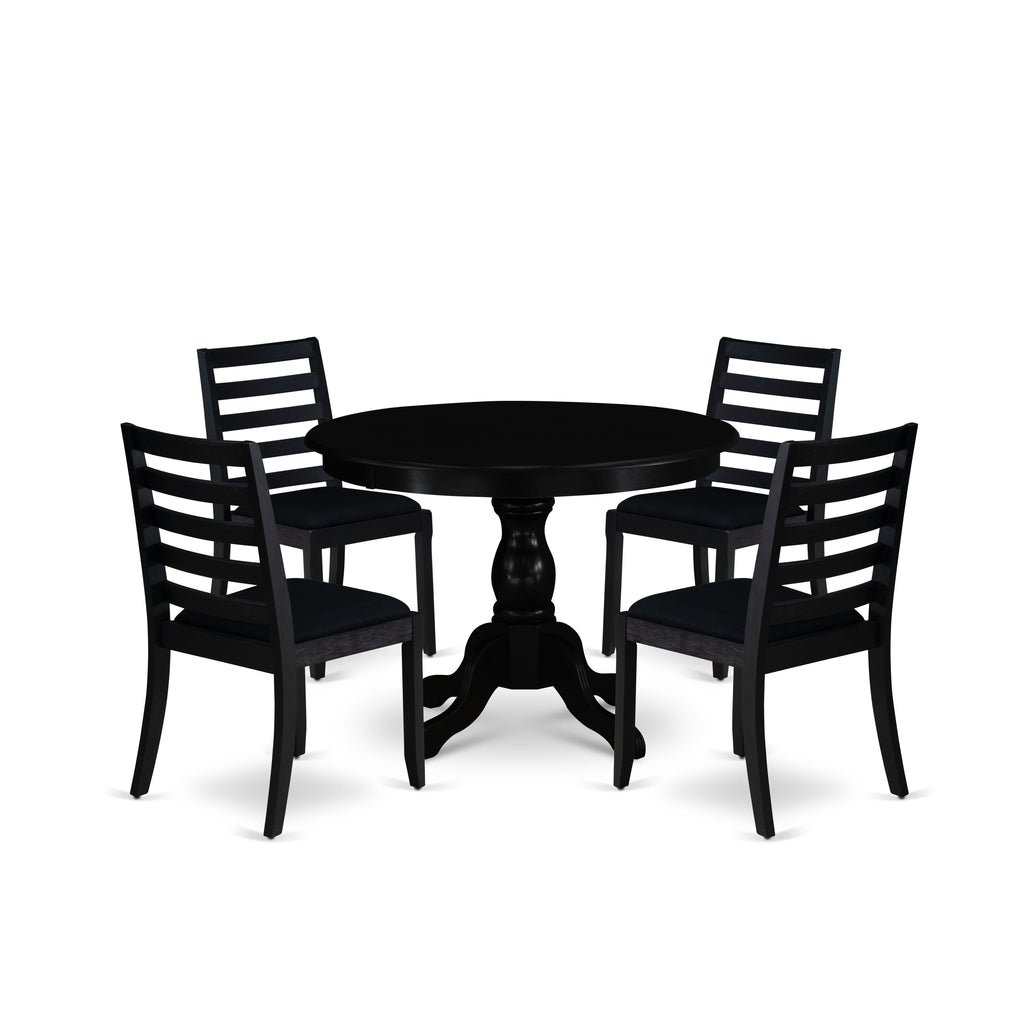 East West Furniture HBX15-ABK-24 -5 Piece Dining Set Includes a Round Kitchen Table with Wire Brushed Black Tabletop & 4 Stackable Linen Fabric Chairs