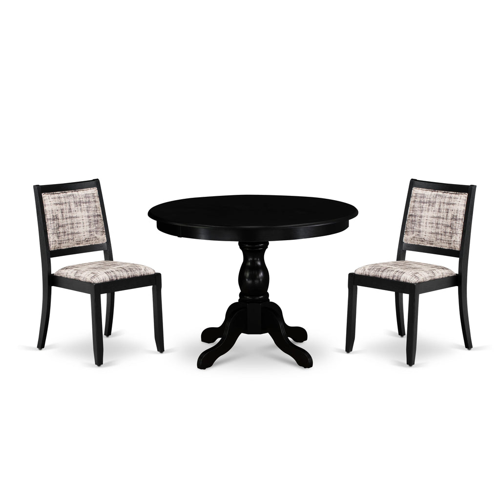 East West Furniture HBX23-ABK-30 -3 Piece Dining Set Includes a Round Kitchen Table with Wire Brushed Black Tabletop & 2 Stackable Faux Leather Chairs