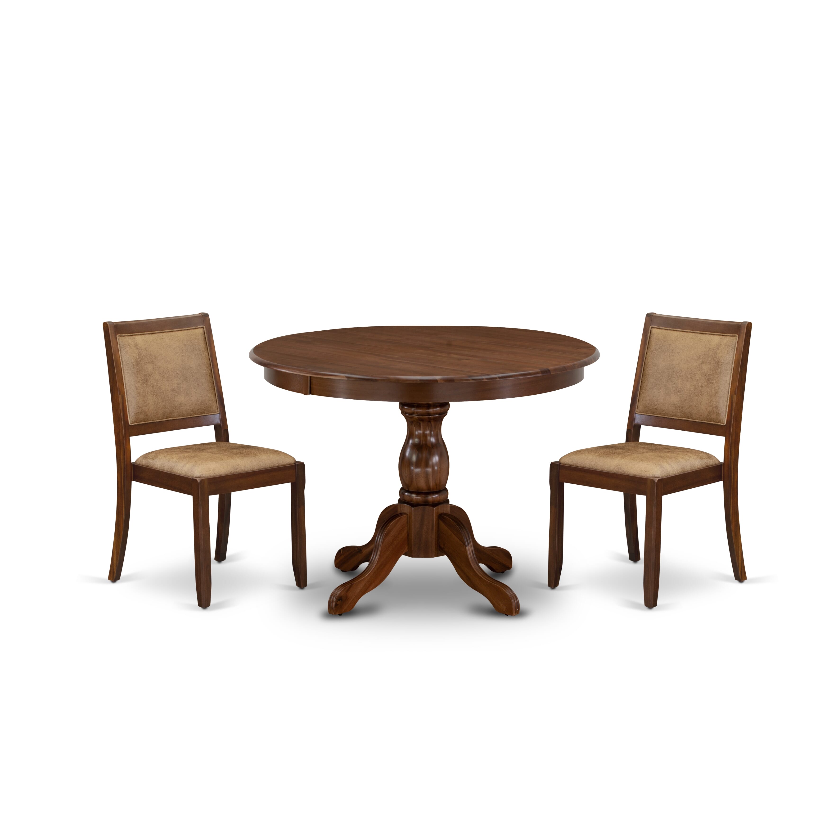 HBX23-AWA-28 3-piece Kitchen Table Set includes a Round Table and 2 Brown Texture Leather stackable Chair, Antique Walnut Finish.