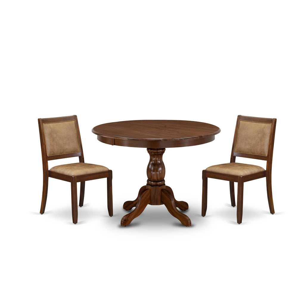 East West Furniture HBX23-AWA-28 3-piece Kitchen Table Set included a Round Kitchen Table and 2 Brown Texture Faux Leather stackable dining Chair