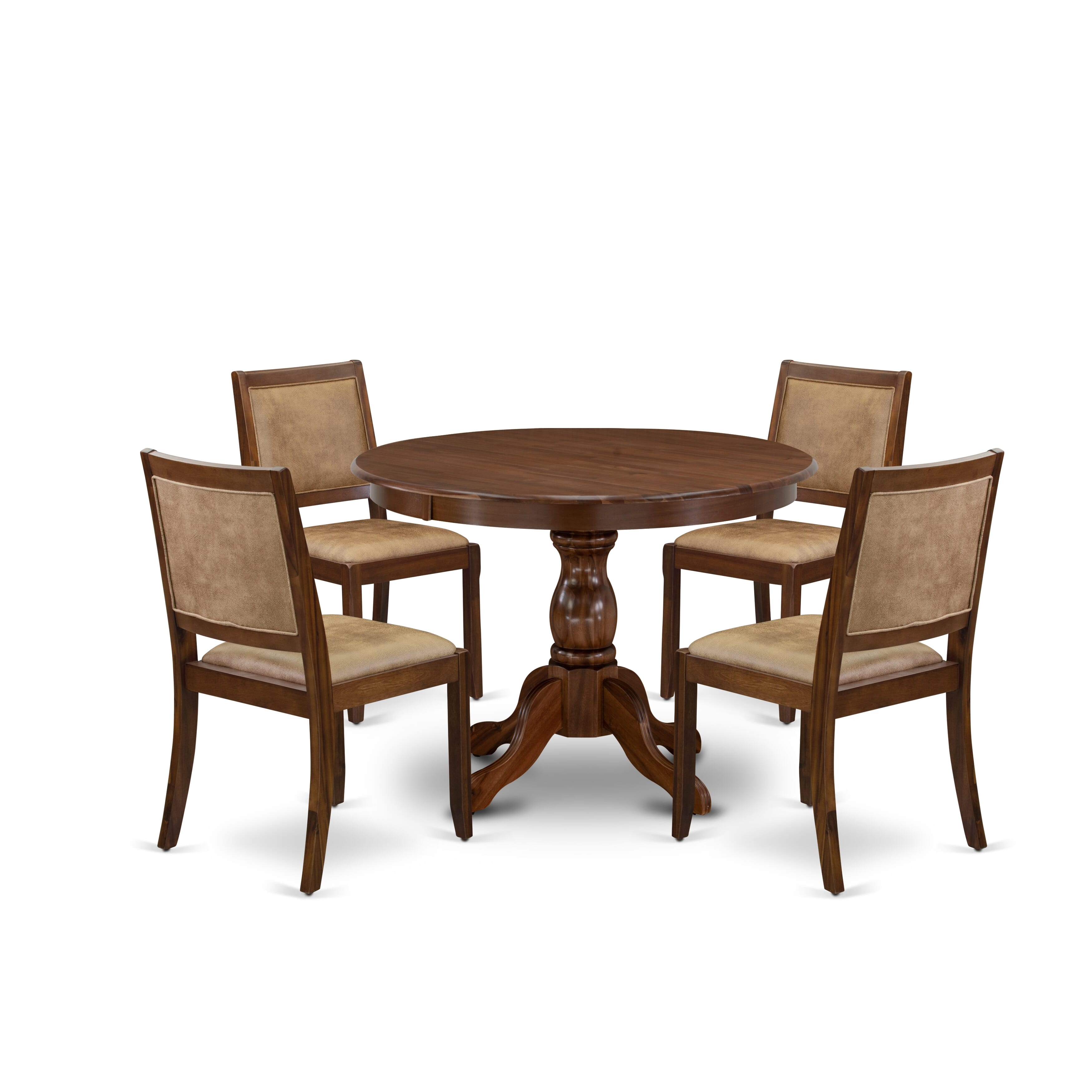 HBX25-AWA-28 5-pc Dining Table set consists of a Round Table and 4 Brown Texture Leather stackable Chair, Antique Walnut Finish.