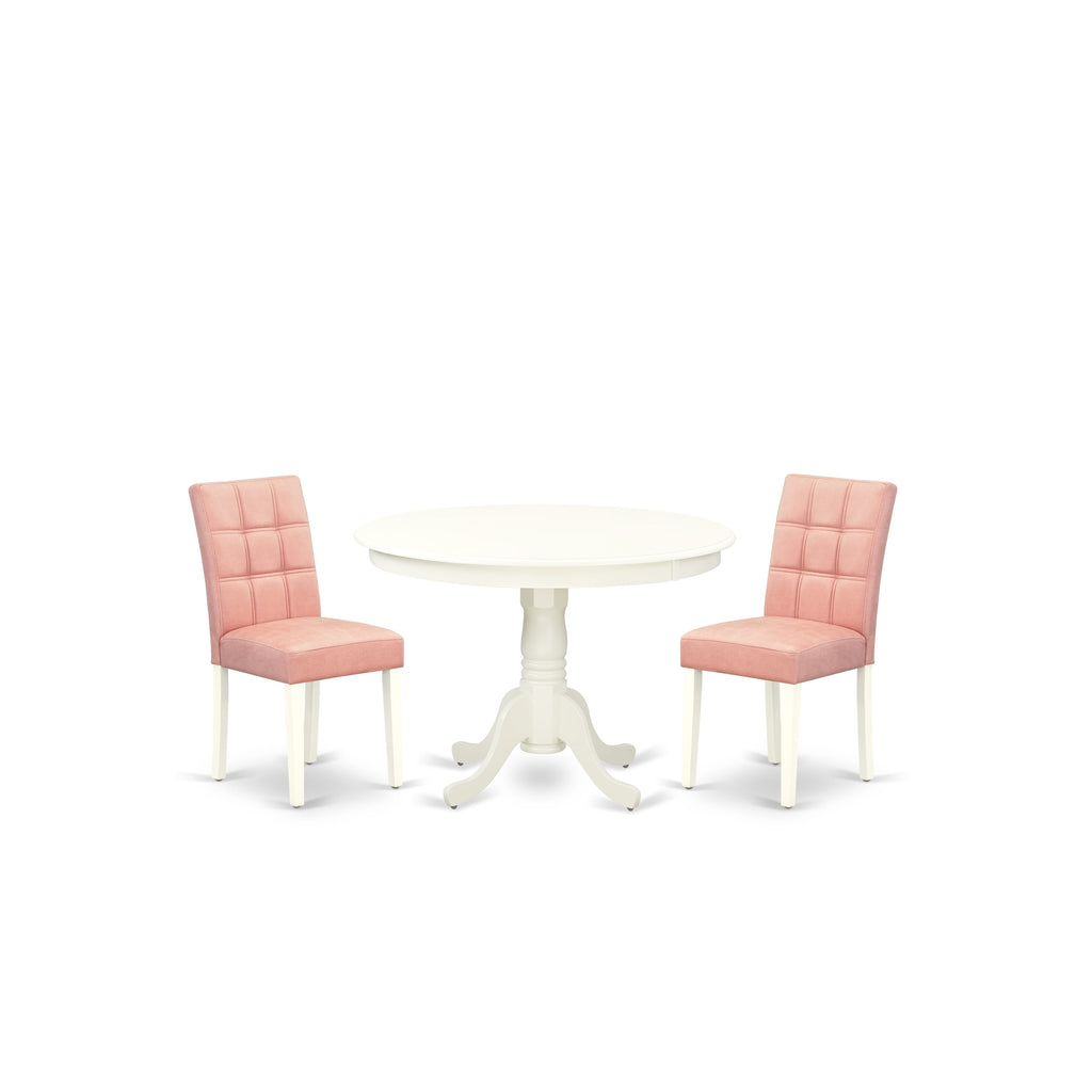 East West Furniture HLAS3-LWH-42 3 Piece Dinner Table Set Includes A Wood Table and 2 Beige Red Faux Leather Dining Chairs with Stylish Back- Linen White Finish