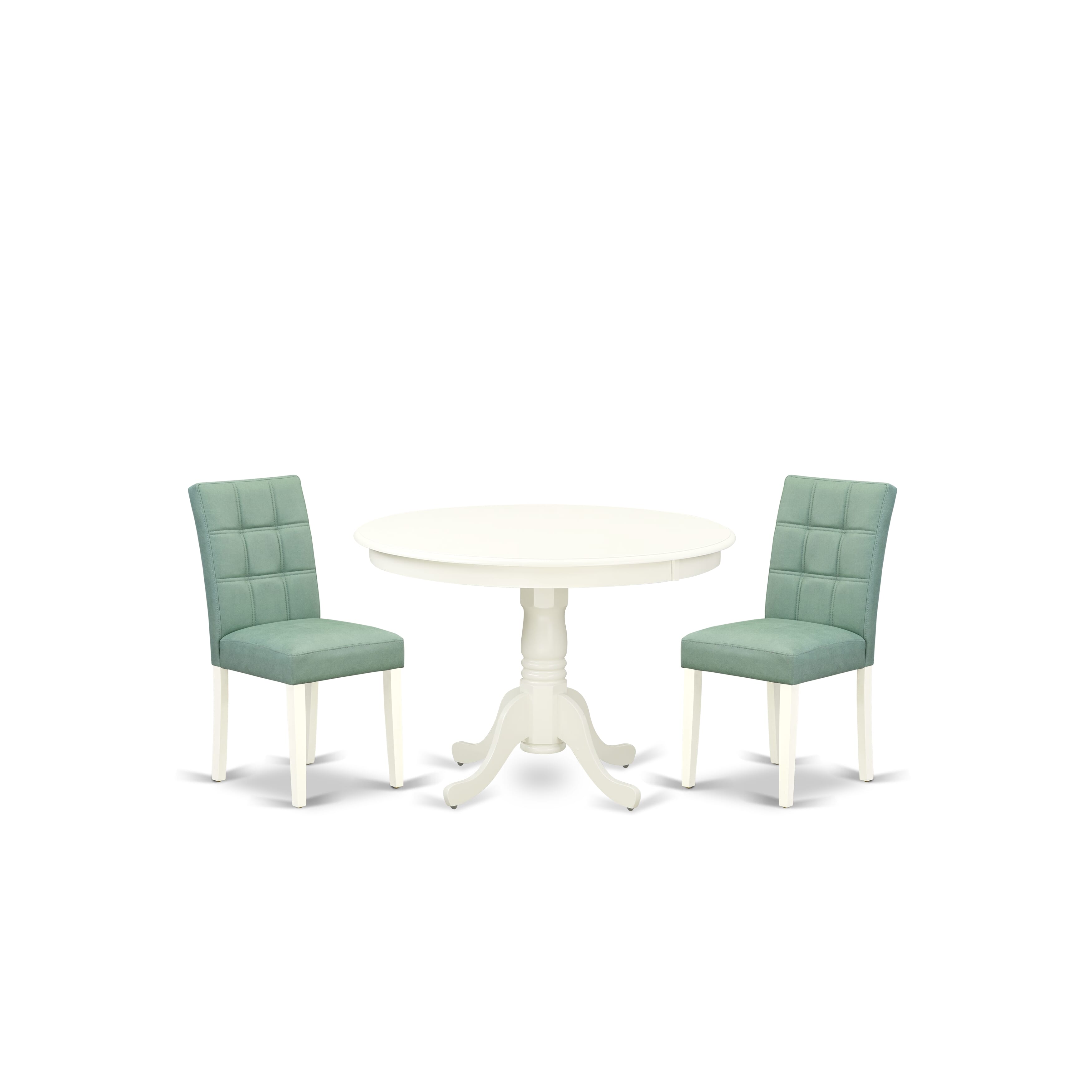 East West Furniture HLAS3-LWH-43 3 Piece Dinner Table Set Includes A Modern Table and 2 Willow Green Faux Leather Parson Chairs, Linen White