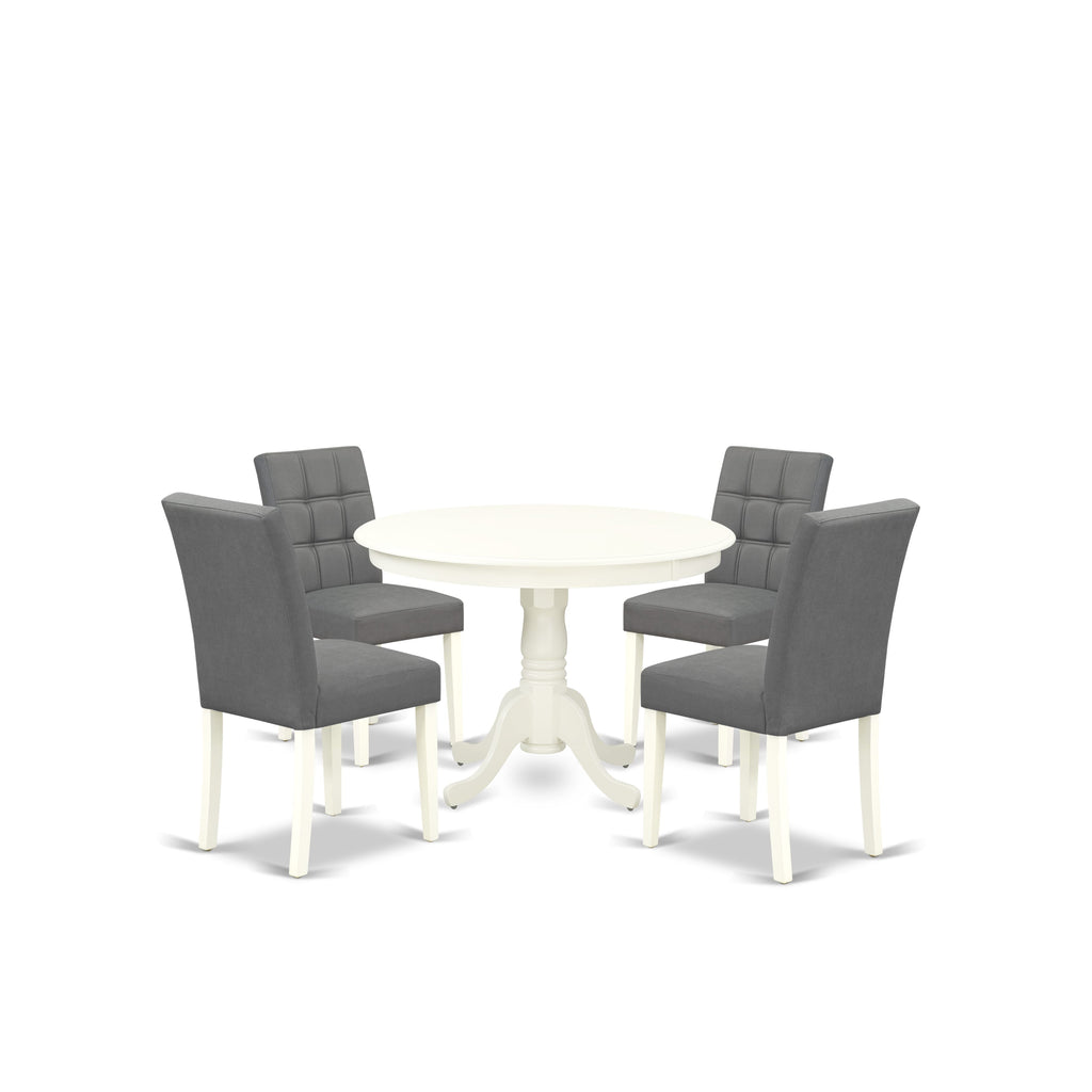 East West Furniture HLAS5-LWH-41 5 Piece Kitchen Table Set contain A Wooden Table and 4 Platinum Gray Faux Leather Dining Chairs with Stylish Back- Linen White Finish