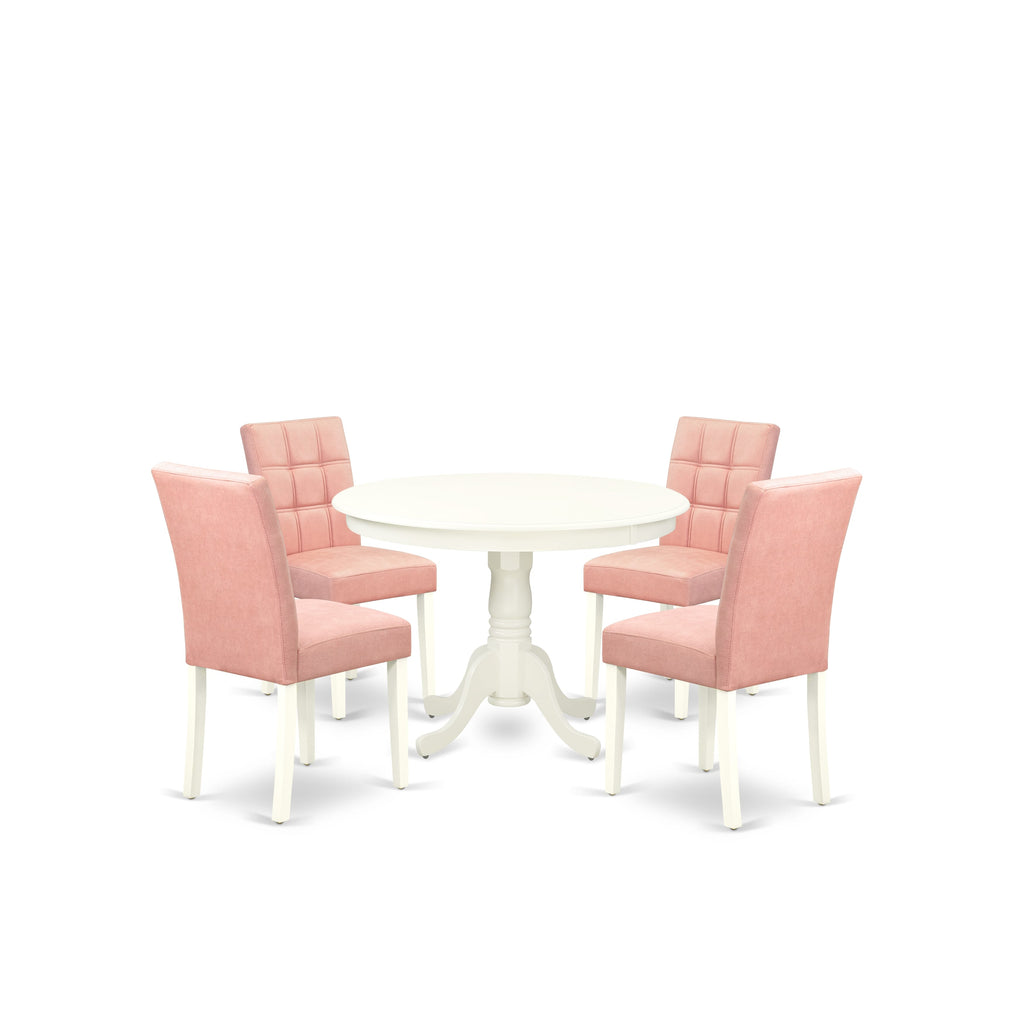 East West Furniture HLAS5-LWH-42 5 Piece Kitchen Table Set consists A Dinner Table and 4 Beige Red Faux Leather Mid-Century Dining Chairs with Stylish Back- Linen White Finish