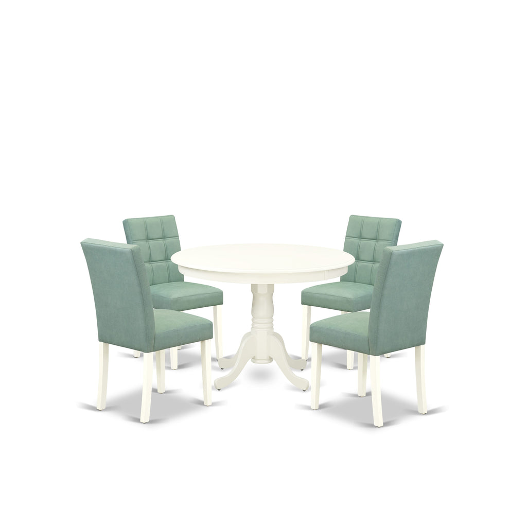East West Furniture HLAS5-LWH-43 5 Piece Dining Room Table Set contain A Modern Kitchen Table and Willow Green Faux Leather 4 Modern Chairs, Linen White