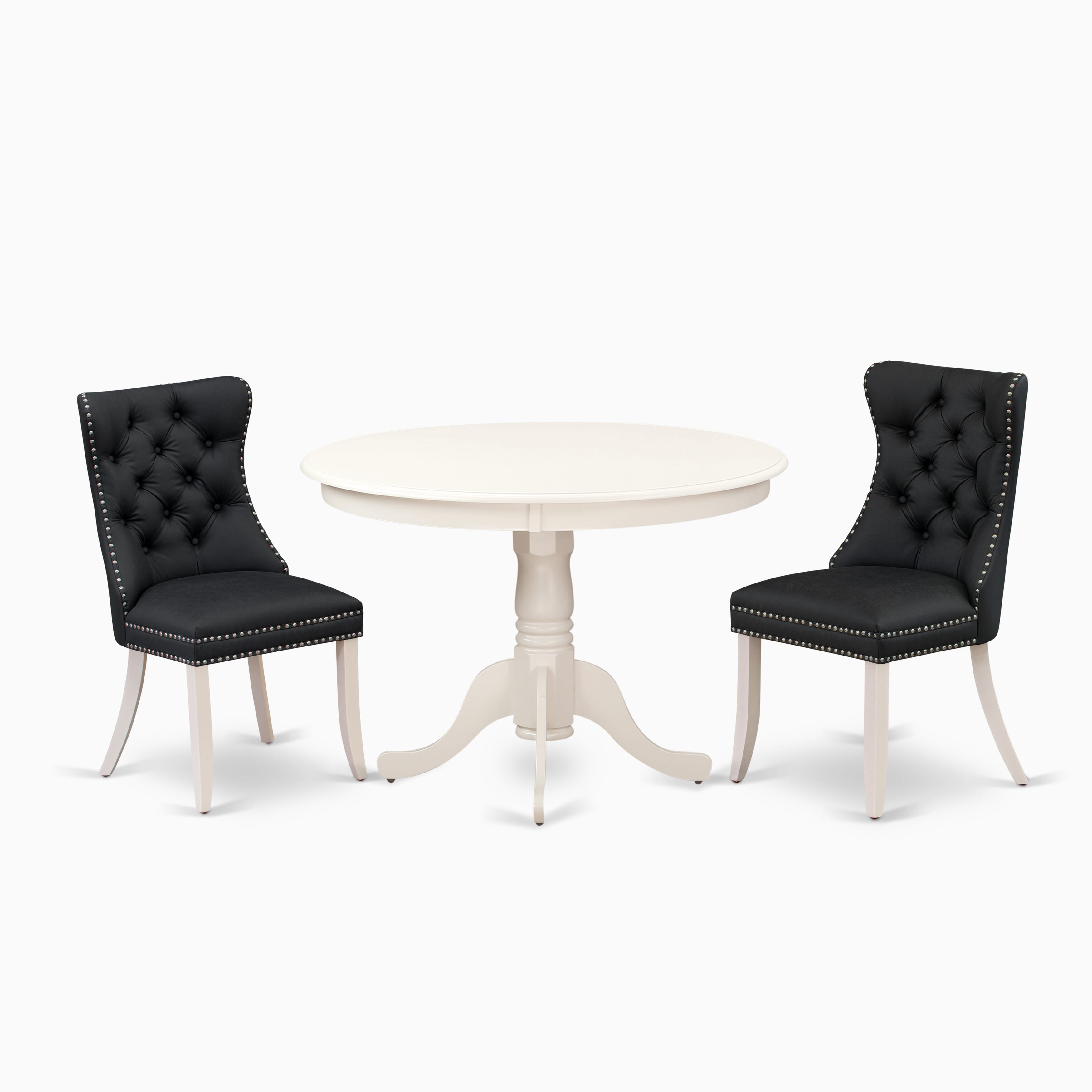 East West Furniture HLDA3-LWH-12 3 Piece Dining Table Set for Small Spaces Consists of a Round Kitchen Table with Pedestal and 2 Upholstered Chairs, 42x42 Inch, linen white