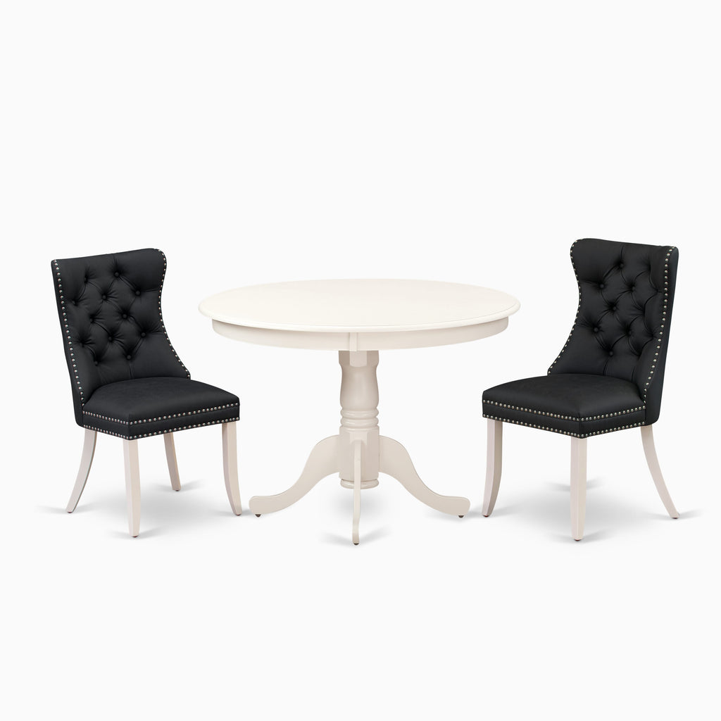 East West Furniture HLDA3-LWH-12 3 Piece Dining Table Set for Small Spaces Consists of a Round Kitchen Table with Pedestal and 2 Upholstered Chairs, 42x42 Inch, linen white