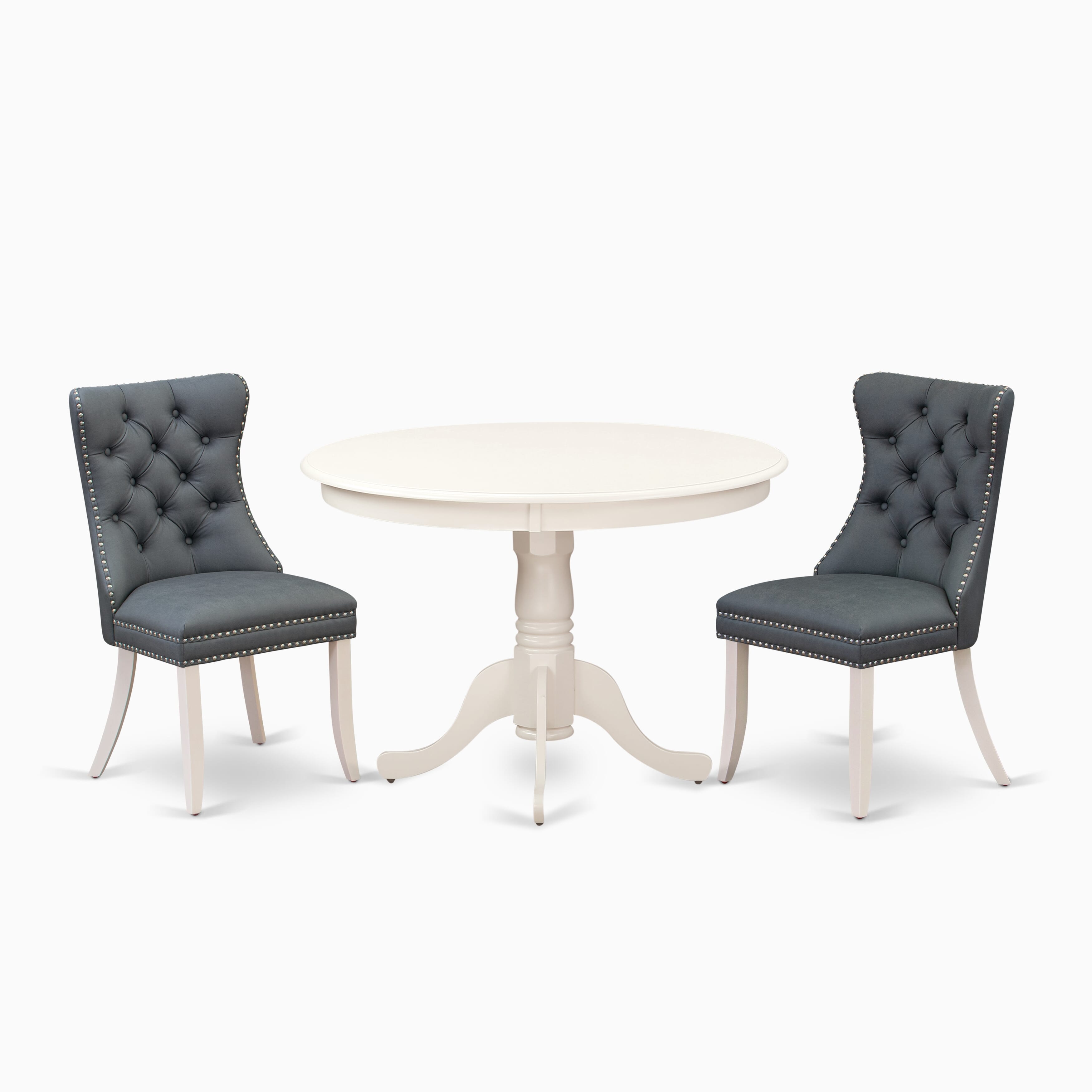 East West Furniture HLDA3-LWH-13 3 Piece Dining Set Contains a Round Kitchen Table with Pedestal and 2 Upholstered Parson Chairs, 42x42 Inch, linen white