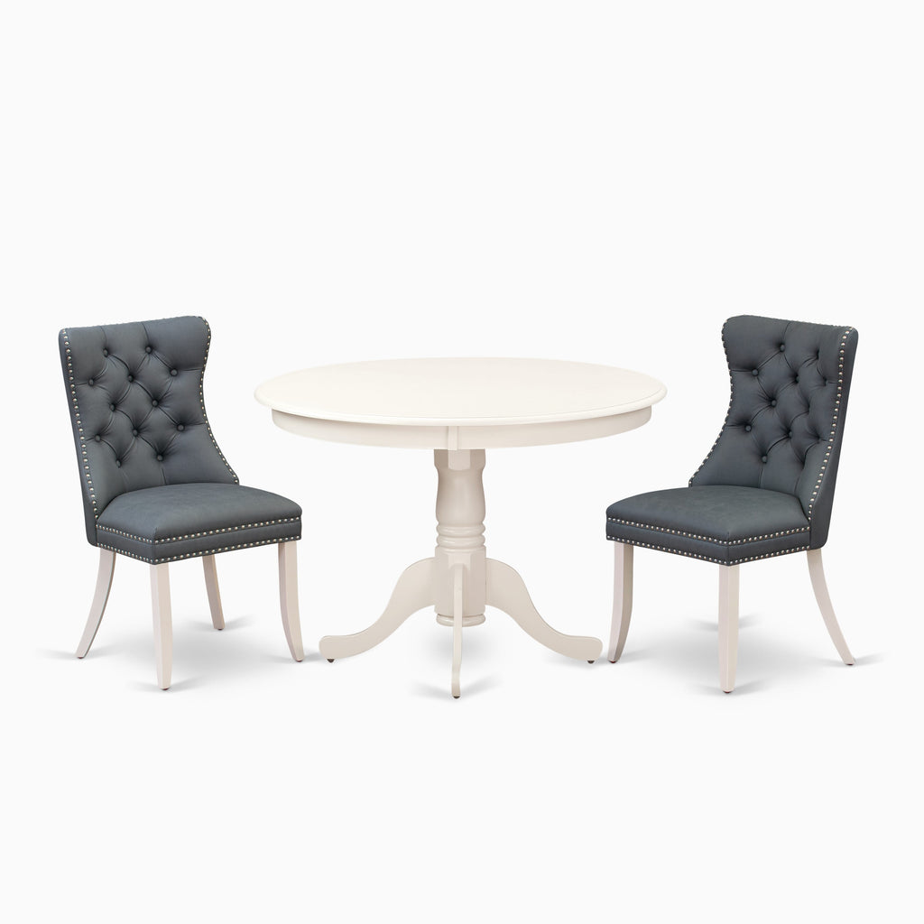 East West Furniture HLDA3-LWH-13 3 Piece Dining Set Contains a Round Kitchen Table with Pedestal and 2 Upholstered Parson Chairs, 42x42 Inch, linen white