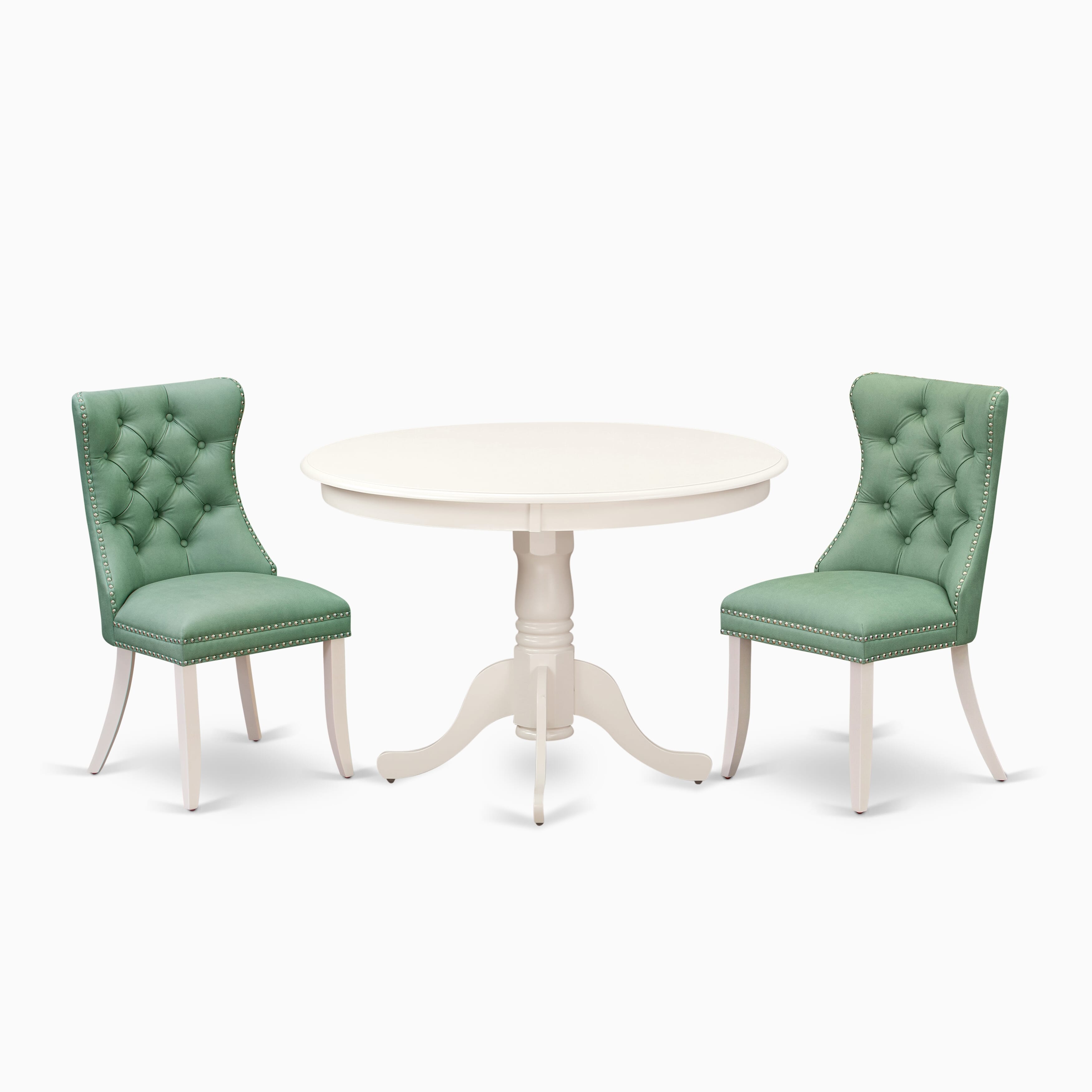 East West Furniture HLDA3-LWH-22 3 Piece Modern Dining Table Set Includes a Round Kitchen Table with Pedestal and 2 Upholstered Parson Chairs, 42x42 Inch, linen white