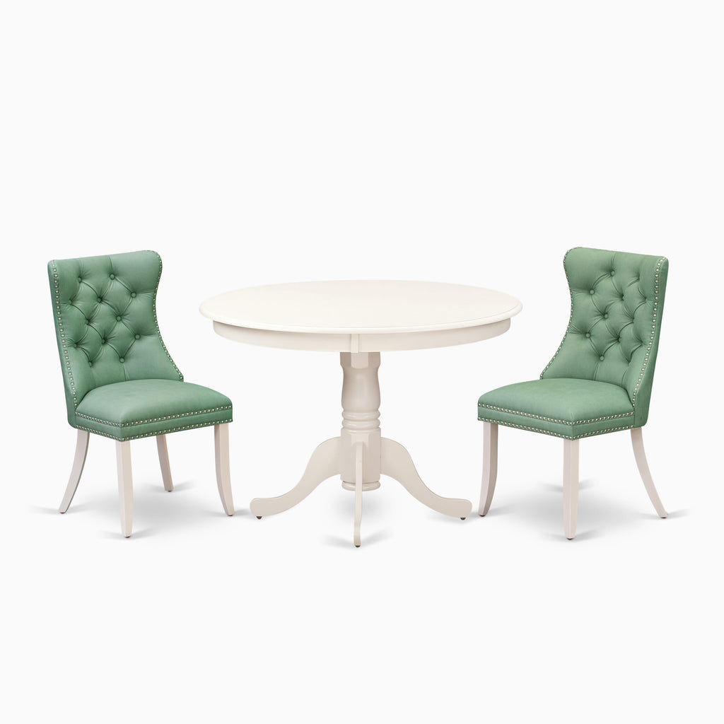 East West Furniture HLDA3-LWH-22 3 Piece Modern Dining Table Set Includes a Round Kitchen Table with Pedestal and 2 Upholstered Parson Chairs, 42x42 Inch, linen white