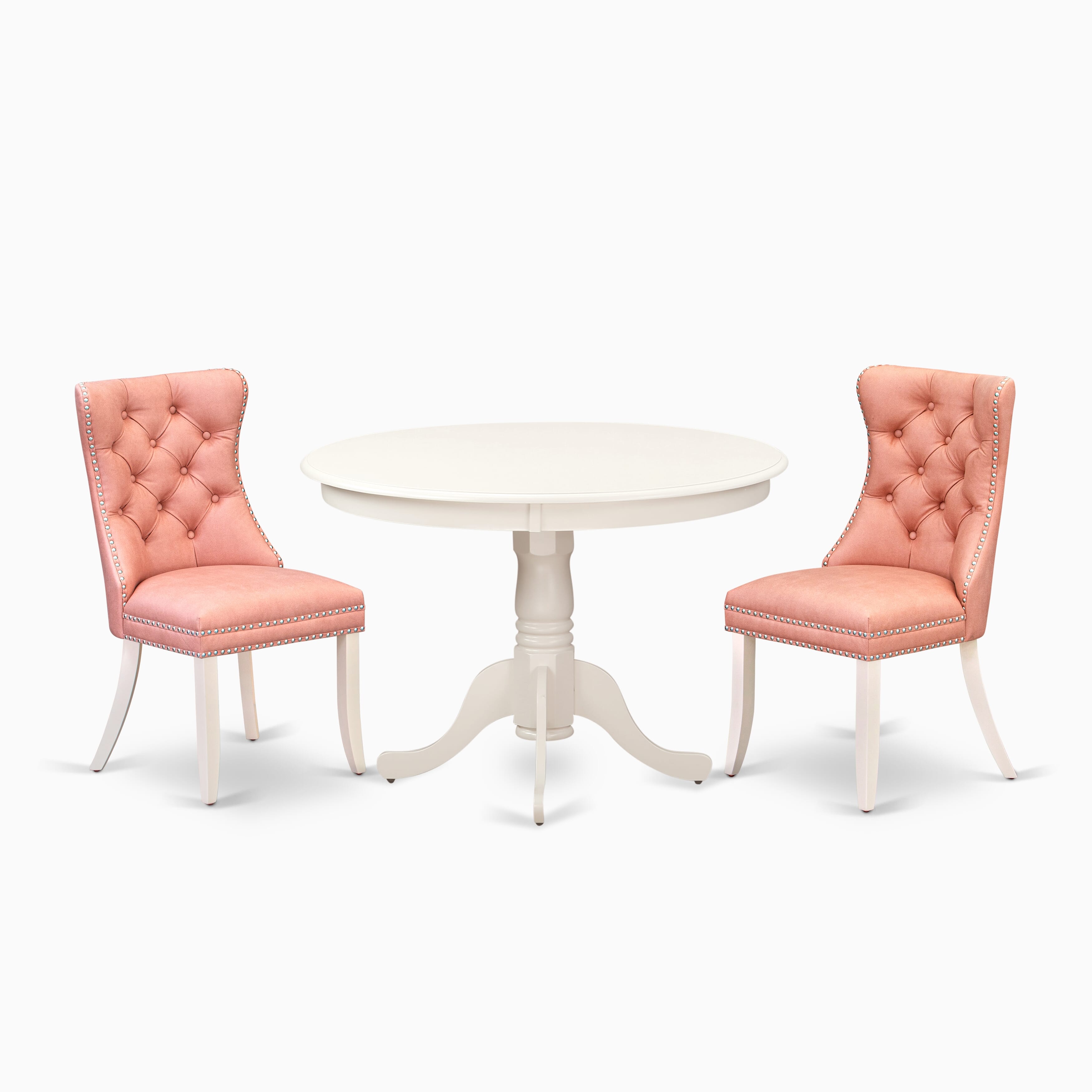 East West Furniture HLDA3-LWH-23 3 Piece Dining Table Set for Small Spaces Consists of a Round Dining Table with Pedestal and 2 Upholstered Chairs, 42x42 Inch, linen white