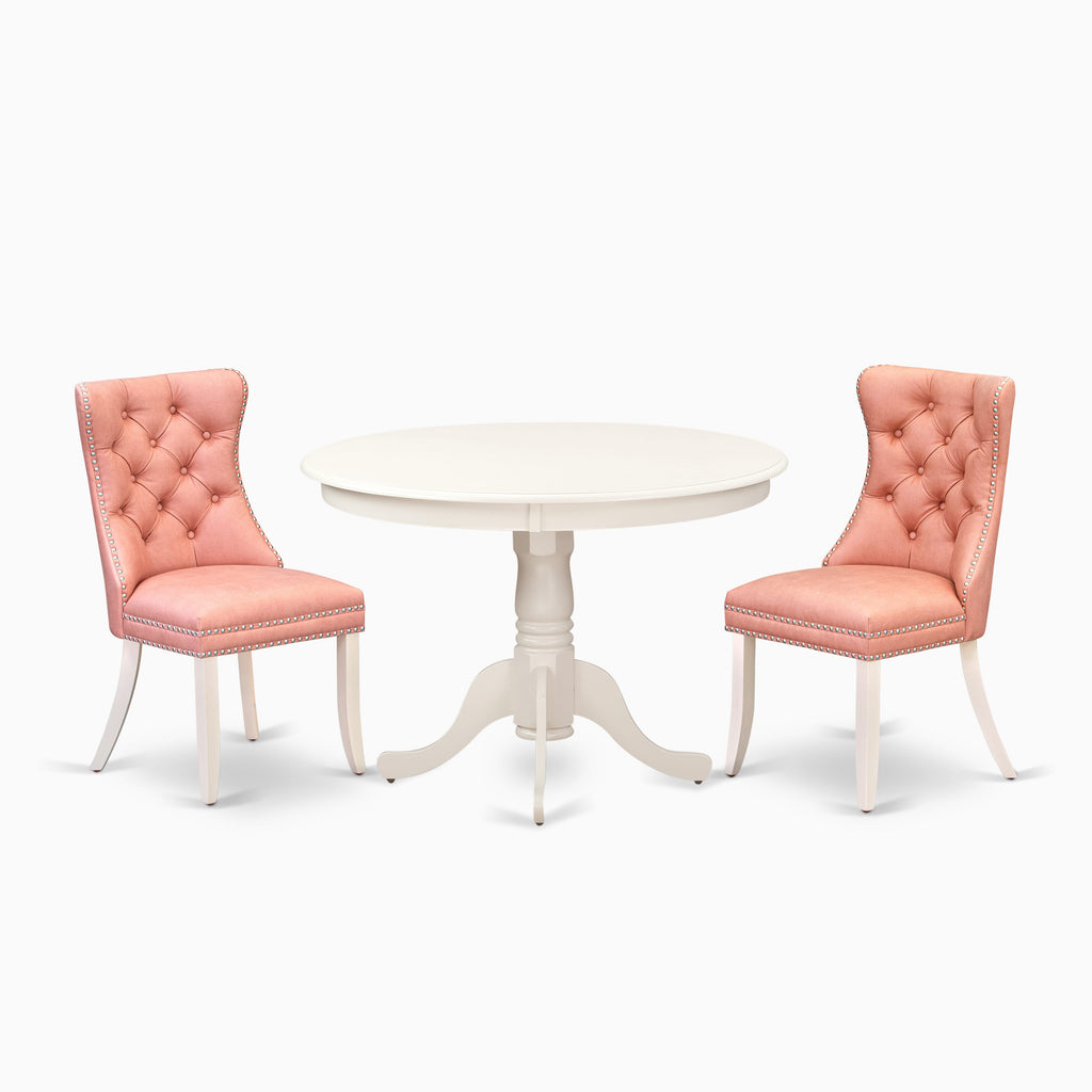 East West Furniture HLDA3-LWH-23 3 Piece Dining Table Set for Small Spaces Consists of a Round Dining Table with Pedestal and 2 Upholstered Chairs, 42x42 Inch, linen white