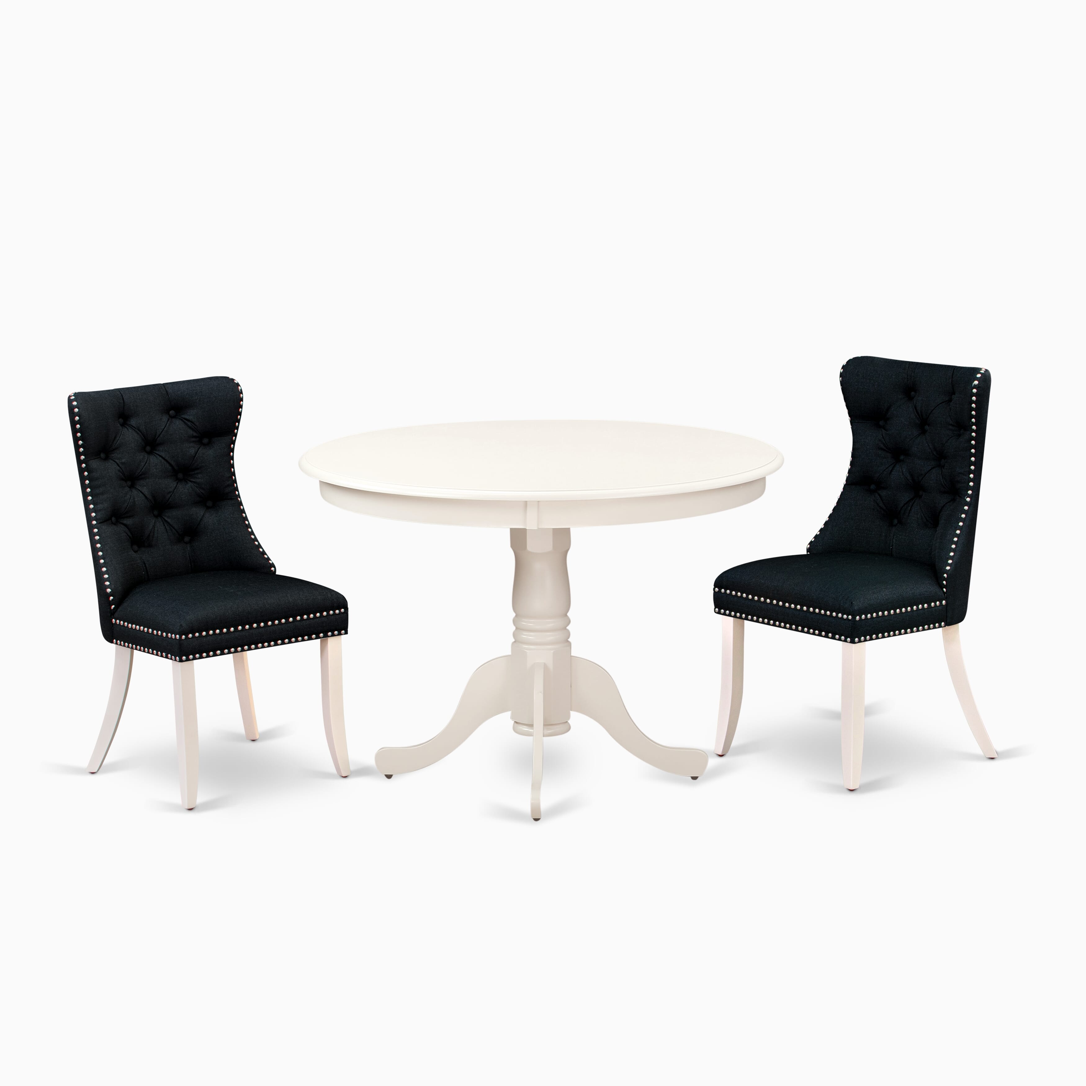 East West Furniture HLDA3-LWH-24 3 Piece Dining Set Includes a Round Kitchen Table with Pedestal and 2 Upholstered Parson Chairs, 42x42 Inch, linen white