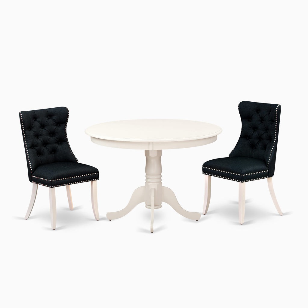 East West Furniture HLDA3-LWH-24 3 Piece Dining Set Includes a Round Kitchen Table with Pedestal and 2 Upholstered Parson Chairs, 42x42 Inch, linen white
