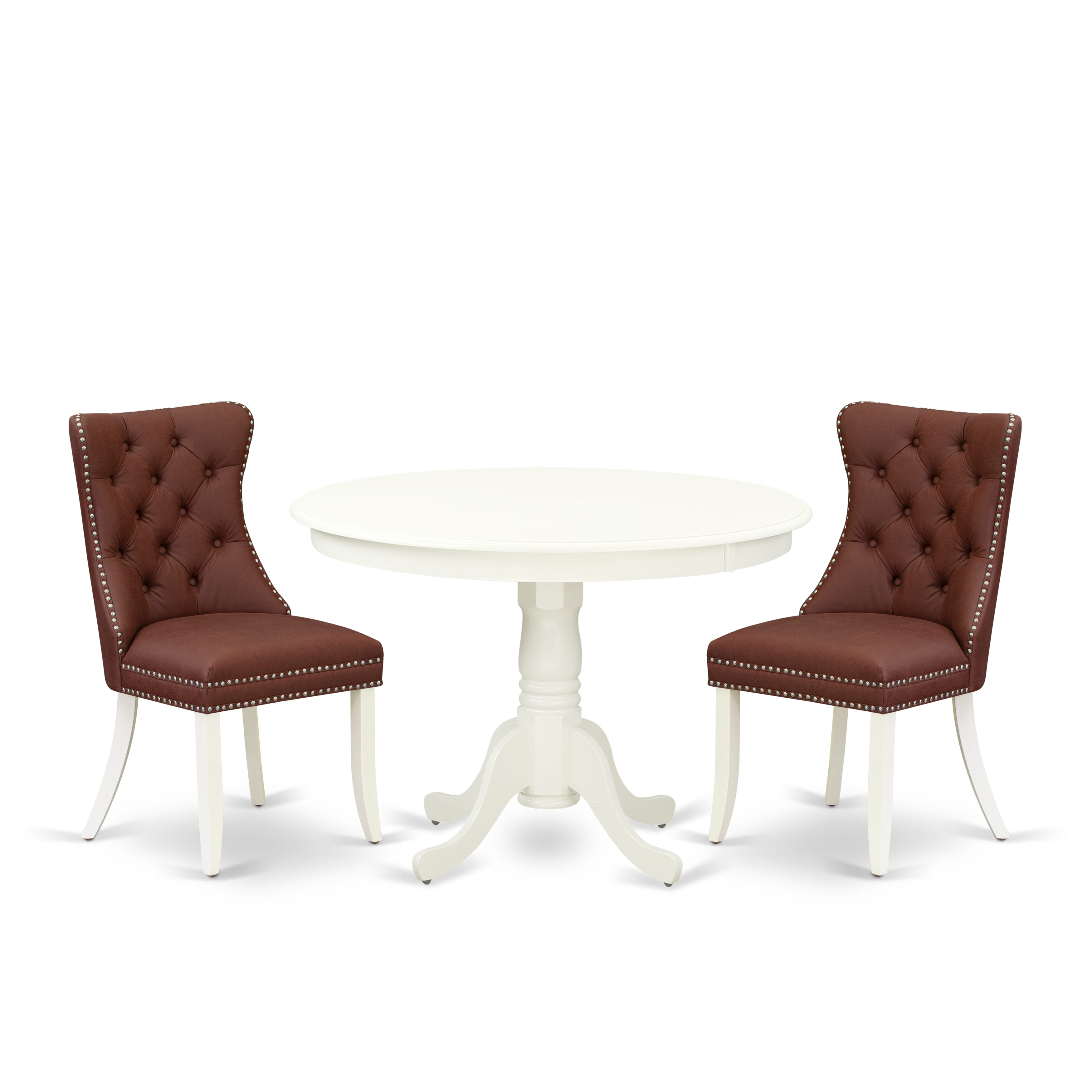East West Furniture HLDA3-LWH-26 3 Piece Dining Room Furniture Set Includes a Round Kitchen Table with Pedestal and 2 Upholstered Parson Chairs, 42x42 Inch, linen white